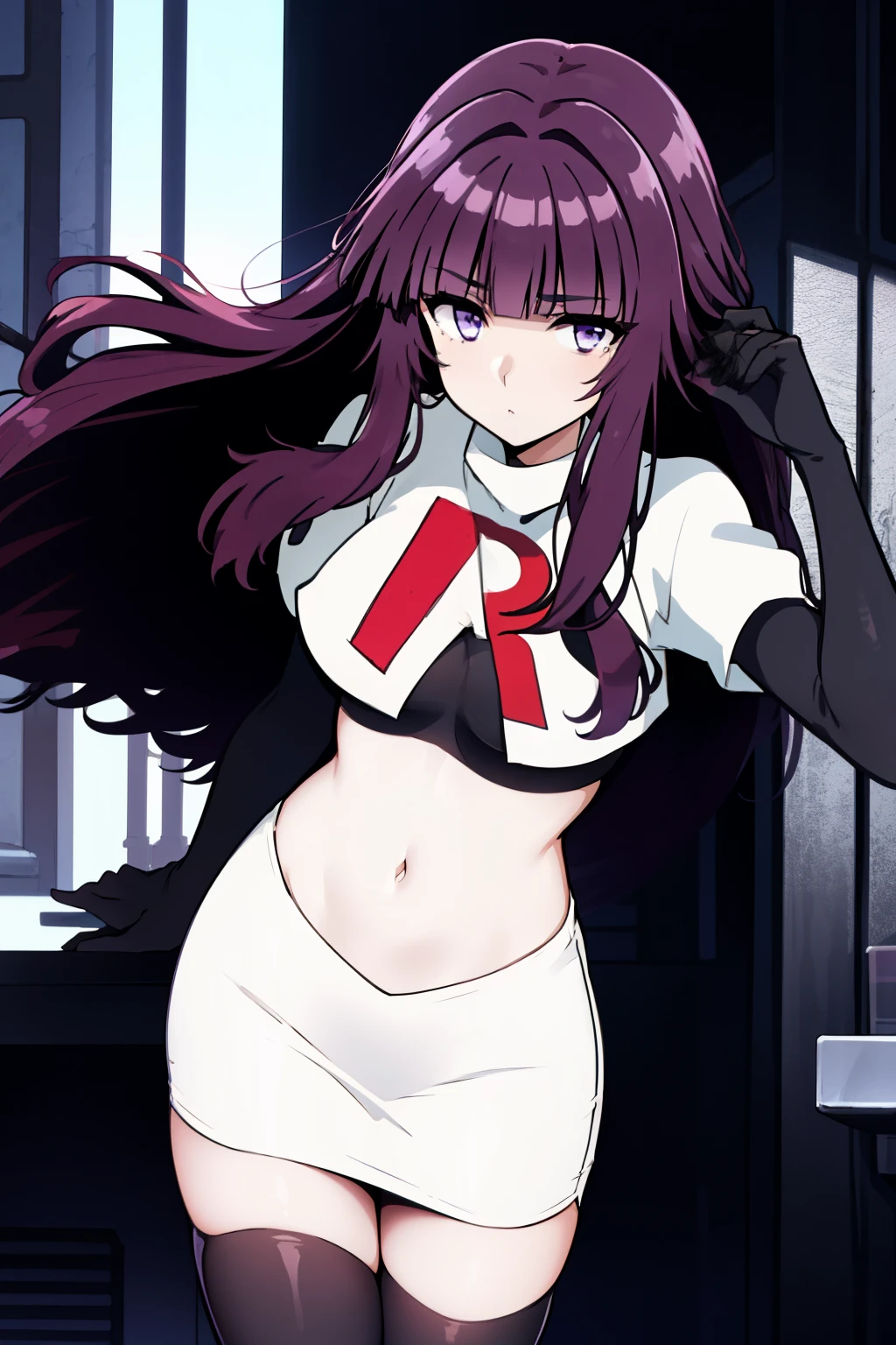 1girl, bangs, blunt_bangs, breasts, eyebrows_visible_through_hair, gloves, long_hair, looking_at_viewer, medium_breasts, purple_eyes, purple_hair, solo, very_long_hair, team rocket,team rocket uniform,white skirt,red letter R,crop top,black thigh-highs,black elbow gloves