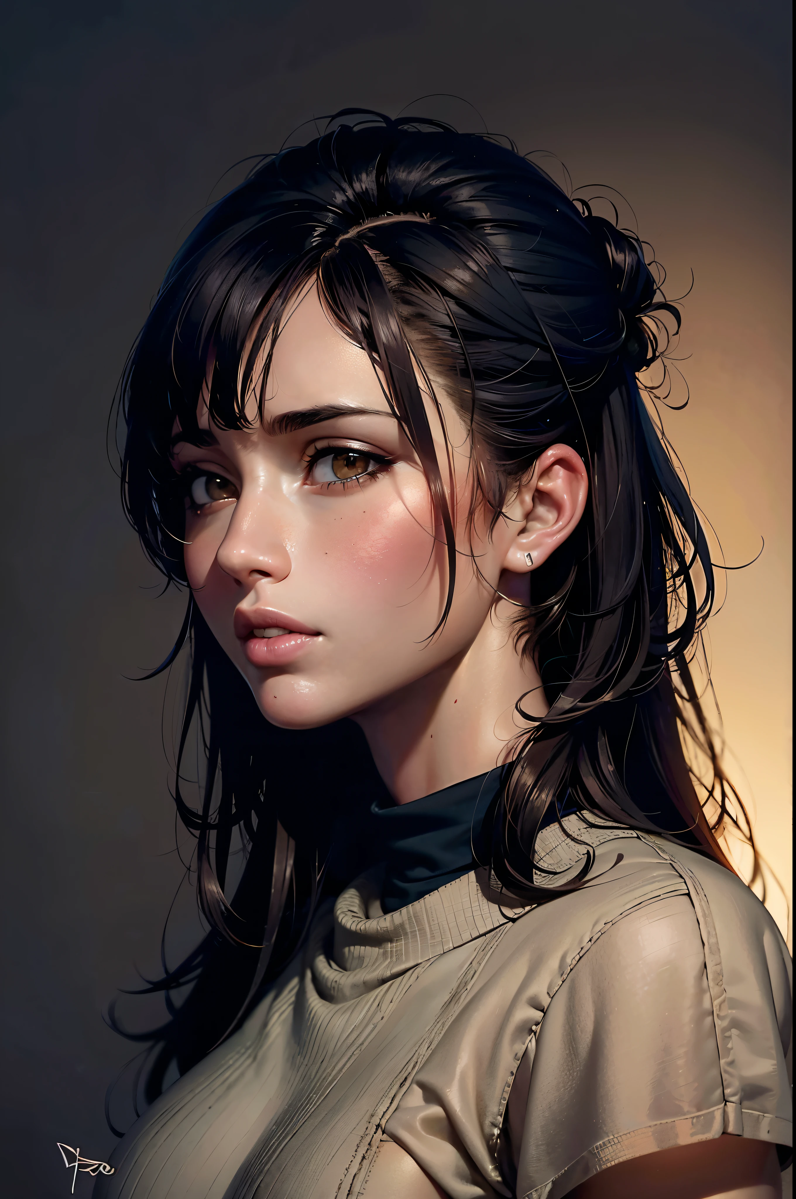 a 30 year old woman,(desvanecimiento alto:1.3),pelo largo,tema oscuro, Tonos relajantes, Colores apagados, Alto contraste, (textura natural de la piel, hiperrealismo, Luz tenue, afilado),(BROWN HAIR) (BEAUTIFUL GIRL)