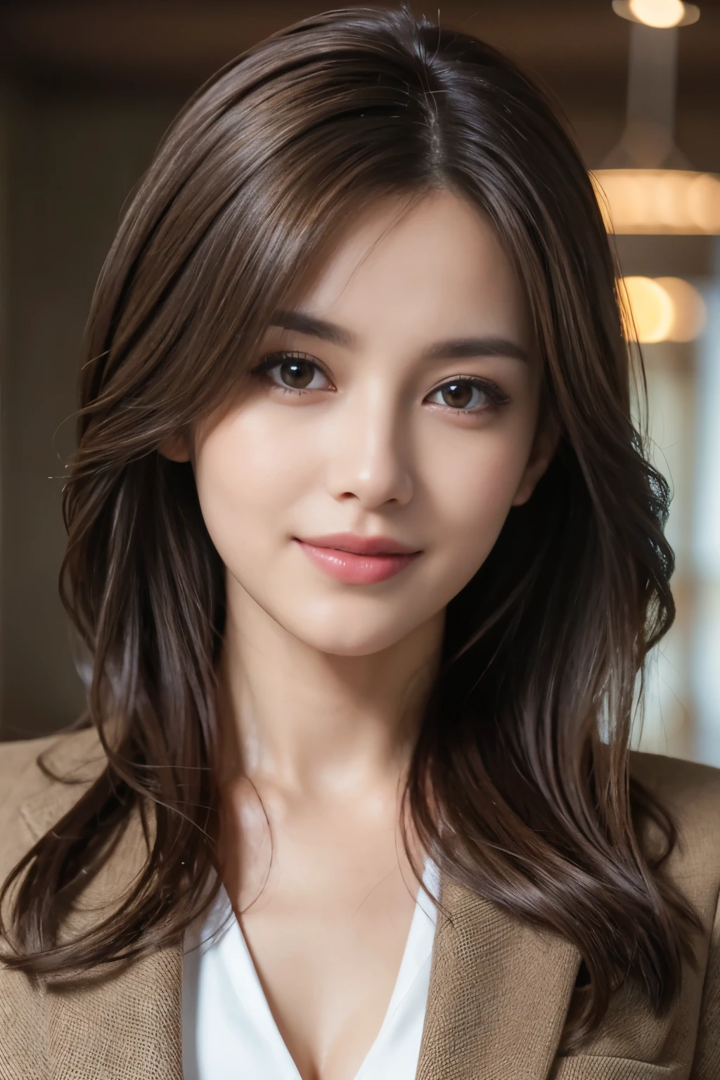 table top, highest quality, realistic, super detailed, finely, High resolution, 8k wallpaper, 1 beautiful woman,, light brown messy hair, wearing a business suit, sharp focus, perfect dynamic composition, beautiful and fine eyes, fine hair, Detailed realistic skin texture, smile, close-up portrait, model body shape