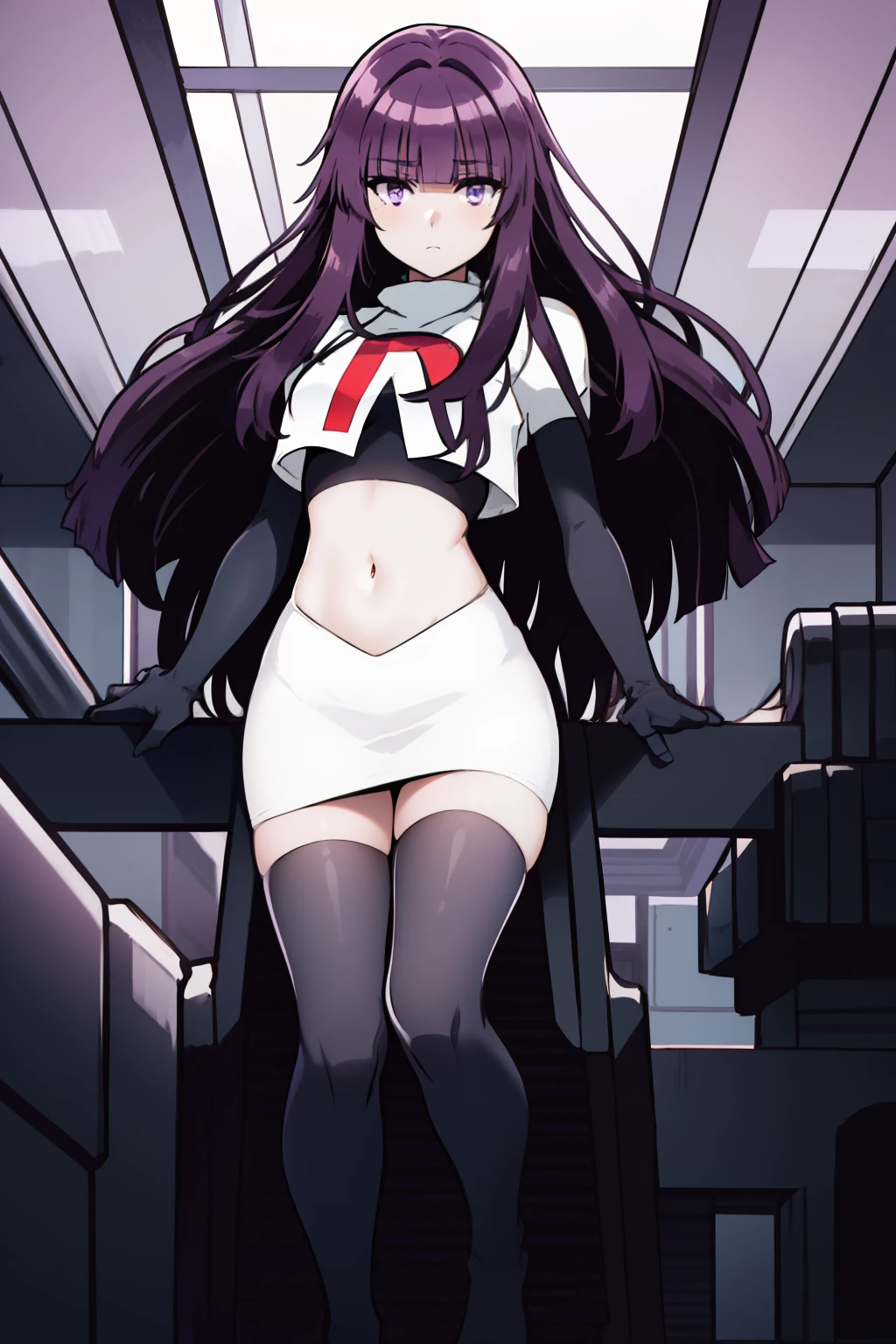 1girl, bangs, blunt_bangs, breasts, eyebrows_visible_through_hair, gloves, long_hair, looking_at_viewer, medium_breasts, purple_eyes, purple_hair, solo, very_long_hair, team rocket,team rocket uniform,white skirt,red letter R,crop top,black thigh-highs,black elbow gloves