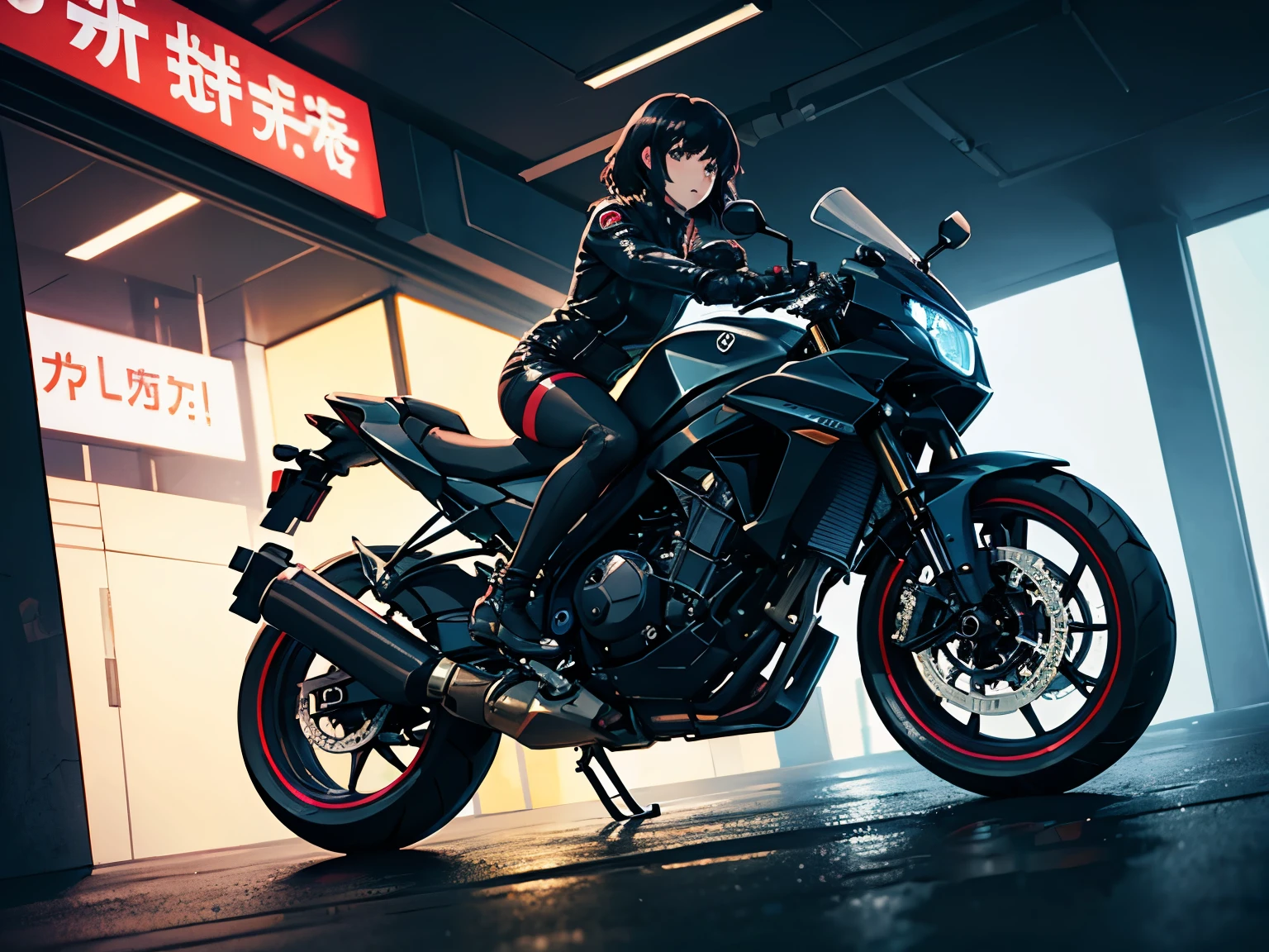Best quality, 8k, Masterpiece,1 girl, very cute girl,kusanagi motoko, riding 1motorcycle,Cyberpunk world,nightcity,neon,