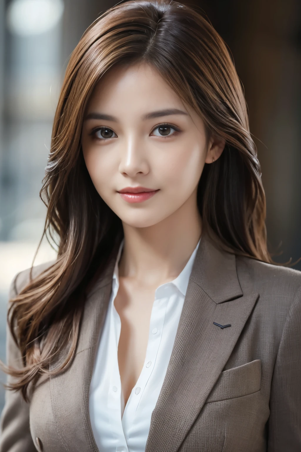 table top, highest quality, realistic, super detailed, finely, High resolution, 8k wallpaper, 1 beautiful woman,, light brown messy hair, wearing a business suit, sharp focus, perfect dynamic composition, beautiful and fine eyes, fine hair, Detailed realistic skin texture, smile, close-up portrait, model body shape