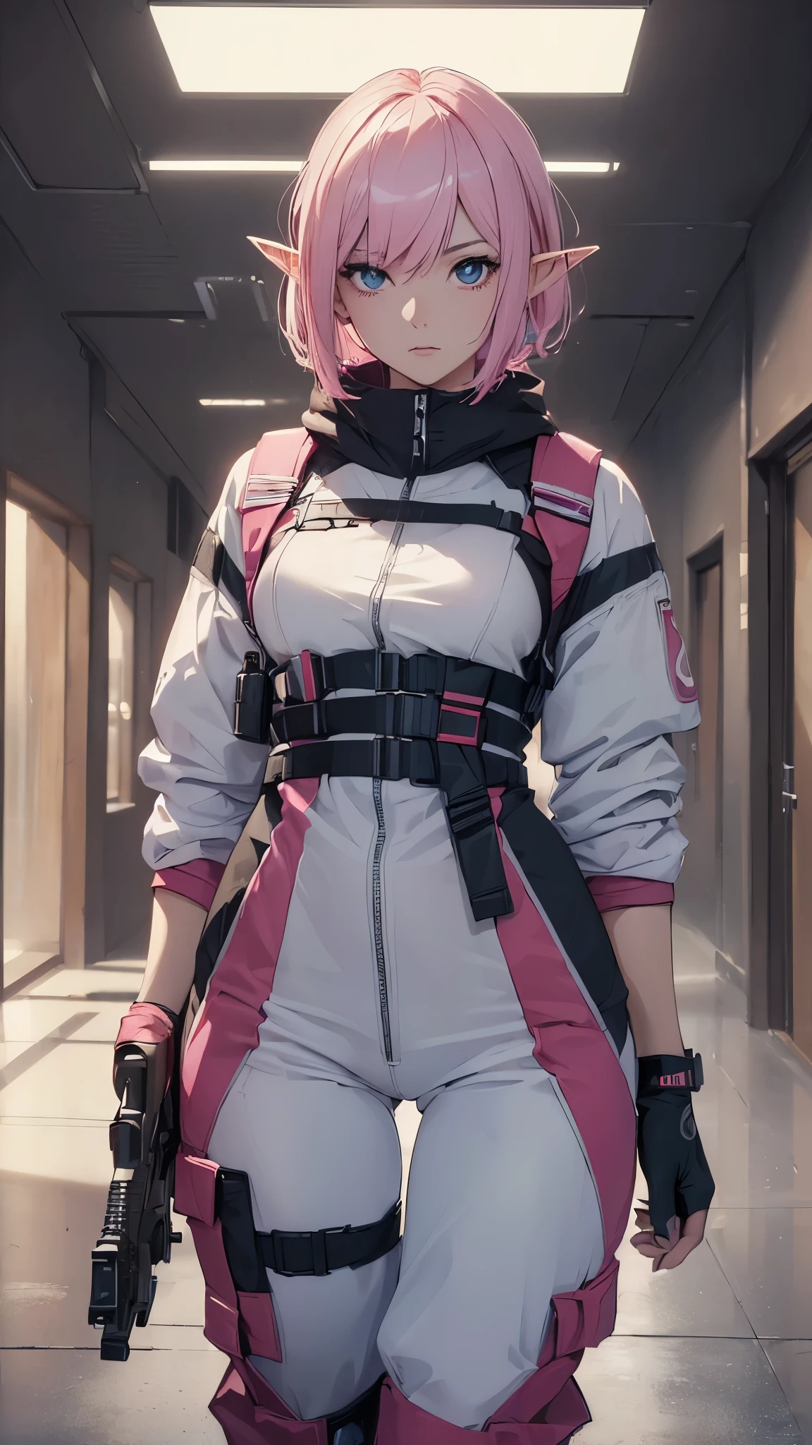 (masterpiece、Highest image quality, 4K, High resolution, Super detailed:1.5), pink bob short hair,long eared elf woman,Vivid eyes ,serious expression,look sideways,white ski wear,pants wear,indoor,A long sci-fi blue hallway,With a sniper rifle,cowboy shot