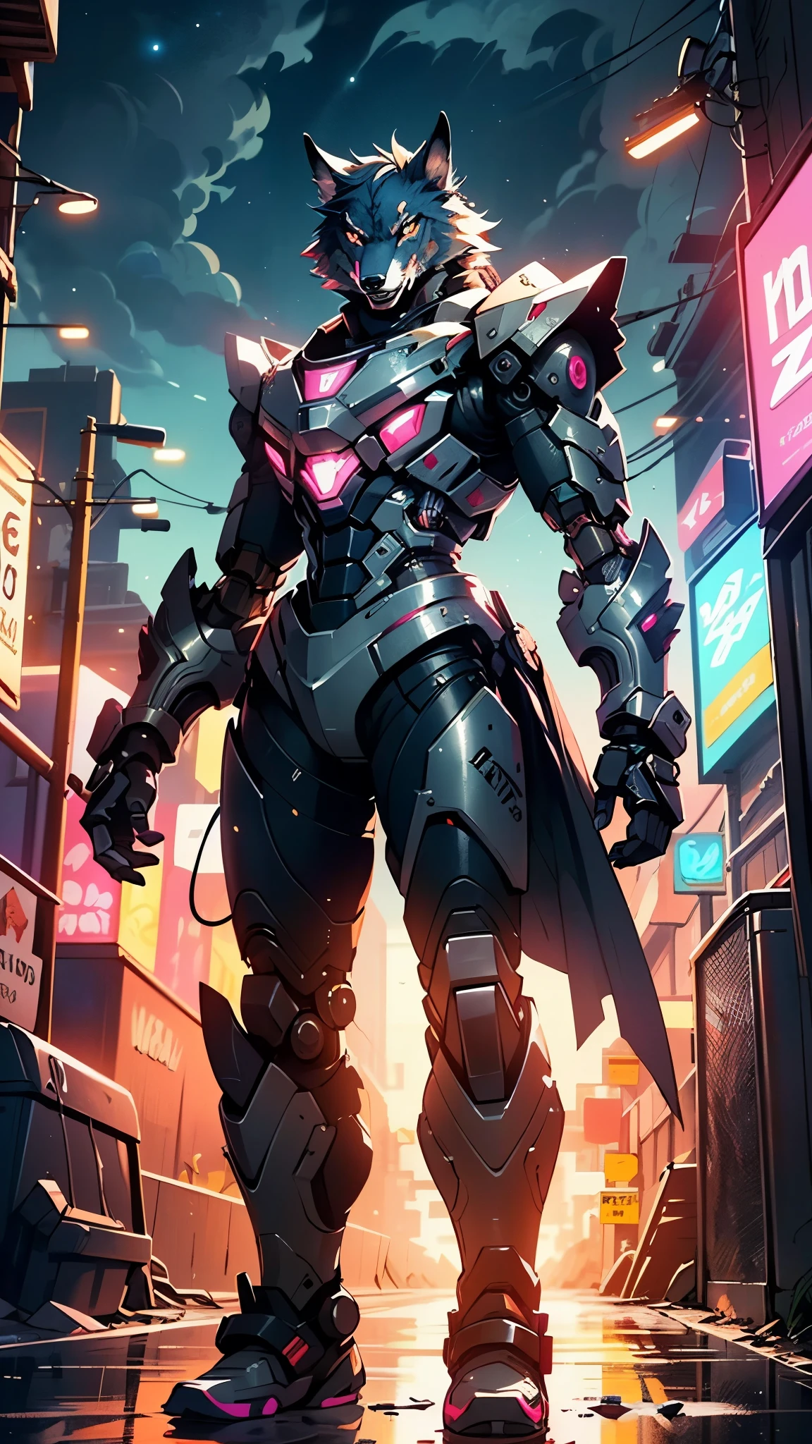(((A mechanical wolf,cyborg wolf,cyborg-wolf,animal,wolf robot))),no human,detailed wolf,intricate mechanic wolf,robot animal,

epic, highly detailed full body of a gigantic feral mecha canine, sharp metal claws, cannon mounted on back, sleek armor, glowing visor, furry art, zoids art, furaffinity, sofurry,

(dynamic pose:1.0),solo focus,(centered,scale to fit dimensions,Rule of thirds),

cyberpunk city by the ocean at night, with bright neon signs and dark stormy clouds and puddles, scenery:1.25,nighttime, starry night, cosmos,Very dark night that makes the neon lights stand out, very bright neon lights,nighttime, starry night, cosmos,

highres, sharp focus, (ultra detailed, extremely detailed), (photorealistic artwork:1.37),(extremely detailed CG unity 8k wallpaper),((synthwave background theme)),(((vibrant colors))),(intricate background),(masterpiece),(best quality),
