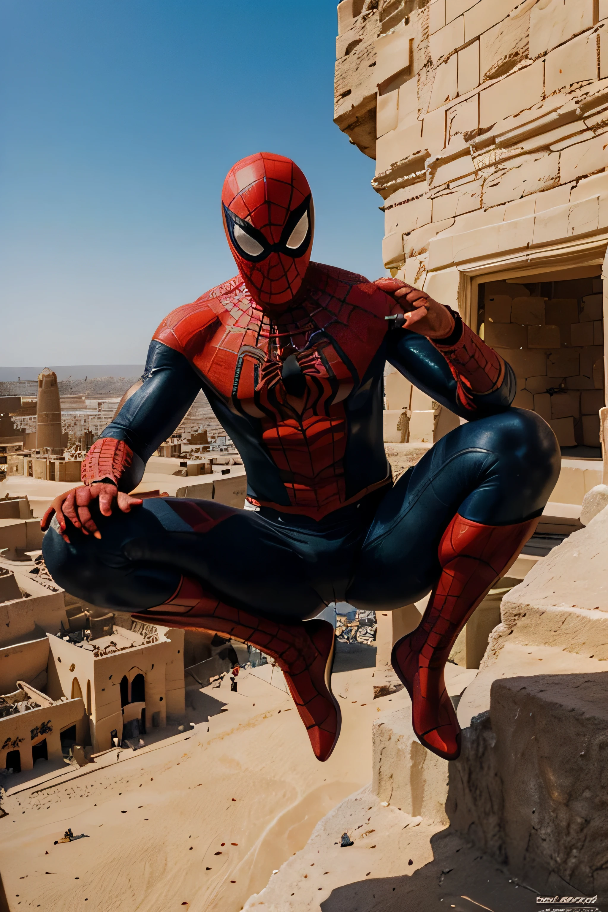 spider man,pyramids,desert,sand,dry,hot,ancient,architecture,history,pharaohs,picturesque,large stone structures,symbolic,monumental,grand scale,Egyptian civilization,cultural heritage,phoenix-like,mythological creatures,giant sphinx,hidden treasures,breathtaking view,mysterious atmosphere,adventurous discovery,exotic location,extraordinary,spider man eating pizza,laid-back,casual,heroic superhero,masked vigilante,enjoying a slice of pizza,unusual combination,culture clash,mid-air,action-packed,pizza toppings,stretchy spider webs,superhuman agility,fighting crime,keeping the city safe