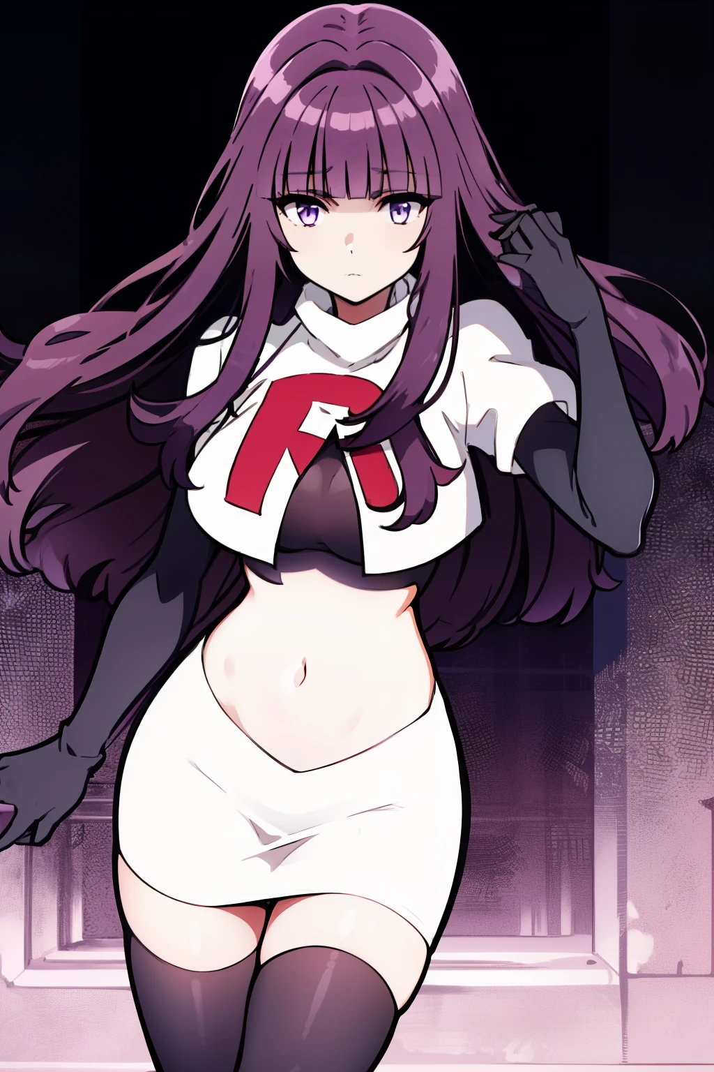 1girl, bangs, blunt_bangs, breasts, eyebrows_visible_through_hair, gloves, long_hair, looking_at_viewer, medium_breasts, purple_eyes, purple_hair, solo, very_long_hair, team rocket,team rocket uniform,white skirt,red letter R,crop top,black thigh-highs,black elbow gloves