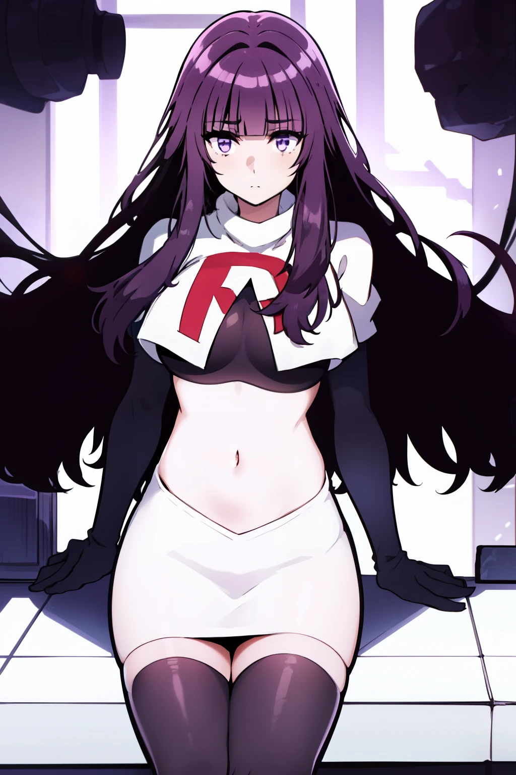 1girl, bangs, blunt_bangs, breasts, eyebrows_visible_through_hair, gloves, long_hair, looking_at_viewer, medium_breasts, purple_eyes, purple_hair, solo, very_long_hair, team rocket,team rocket uniform,white skirt,red letter R,crop top,black thigh-highs,black elbow gloves