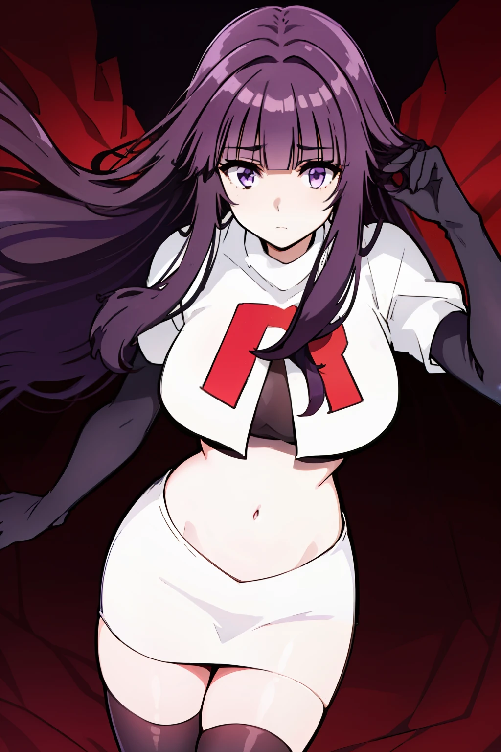 1girl, bangs, blunt_bangs, breasts, eyebrows_visible_through_hair, gloves, long_hair, looking_at_viewer, medium_breasts, purple_eyes, purple_hair, solo, very_long_hair, team rocket,team rocket uniform,white skirt,red letter R,crop top,black thigh-highs,black elbow gloves