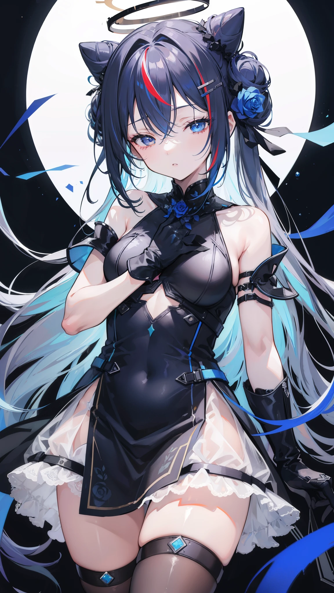 32k, 1girl, solo, long hair, breasts, bangs, hair ornament, thighhighs, gloves, dress, hair between eyes, bare shoulders, blue hair, closed eyes, flower, grey hair, multicolored hair, small breasts, frills, parted lips, black gloves, hair bun, black dress, streaked hair, tattoo, rose, halo, hand on own chest, single thighhigh, colored inner hair, blue thighhighs, official alternate hairstyle, official alternate hair length, star halo,