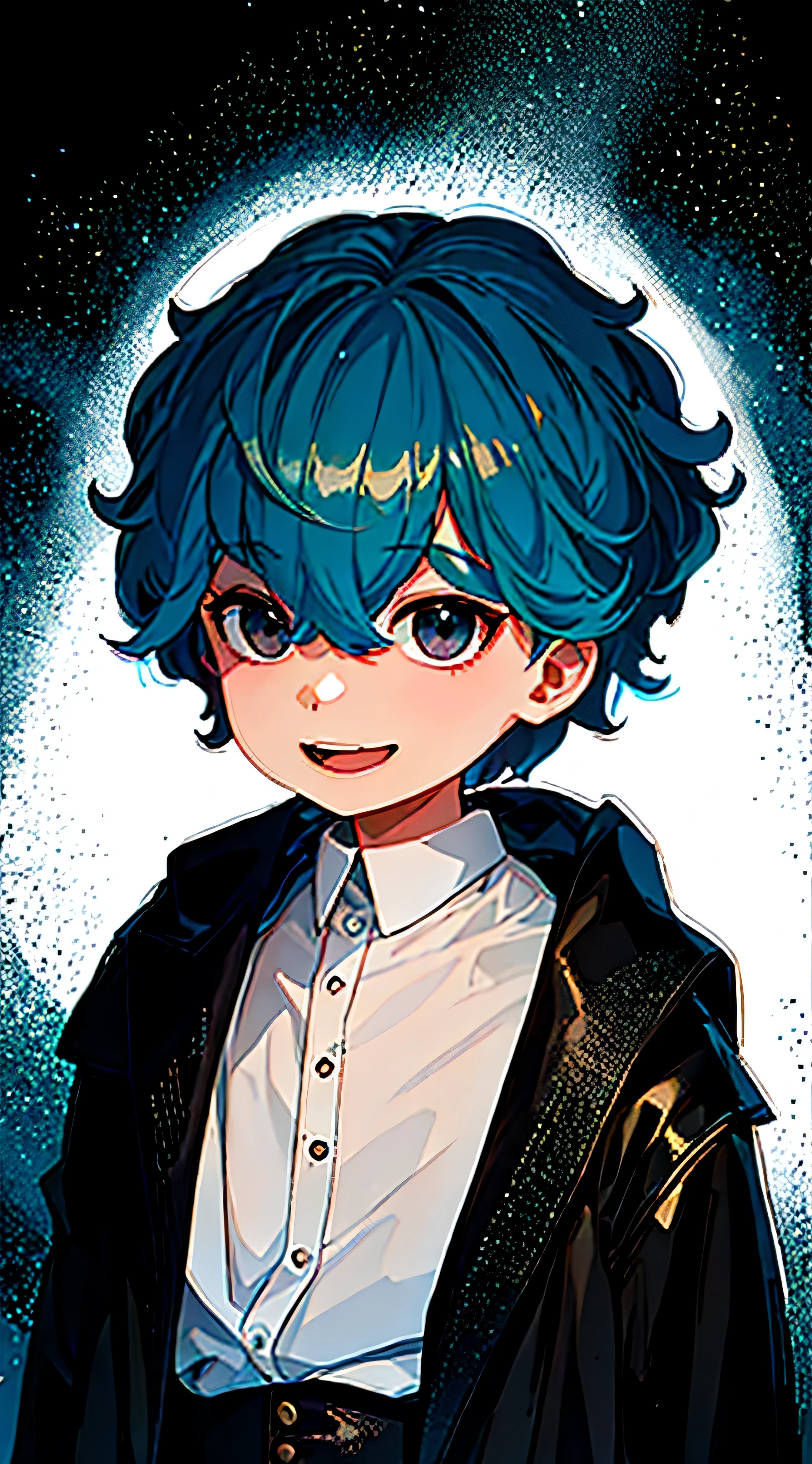 High resolution, highest quality, highest quality:1.3, Ultra-detailed 4K CG, Super detailed 8K CG, forward lighting, (Dark circles in the eyes), blue hair, juvenile, black long tail jacket, (black eye), white background, white shirt
