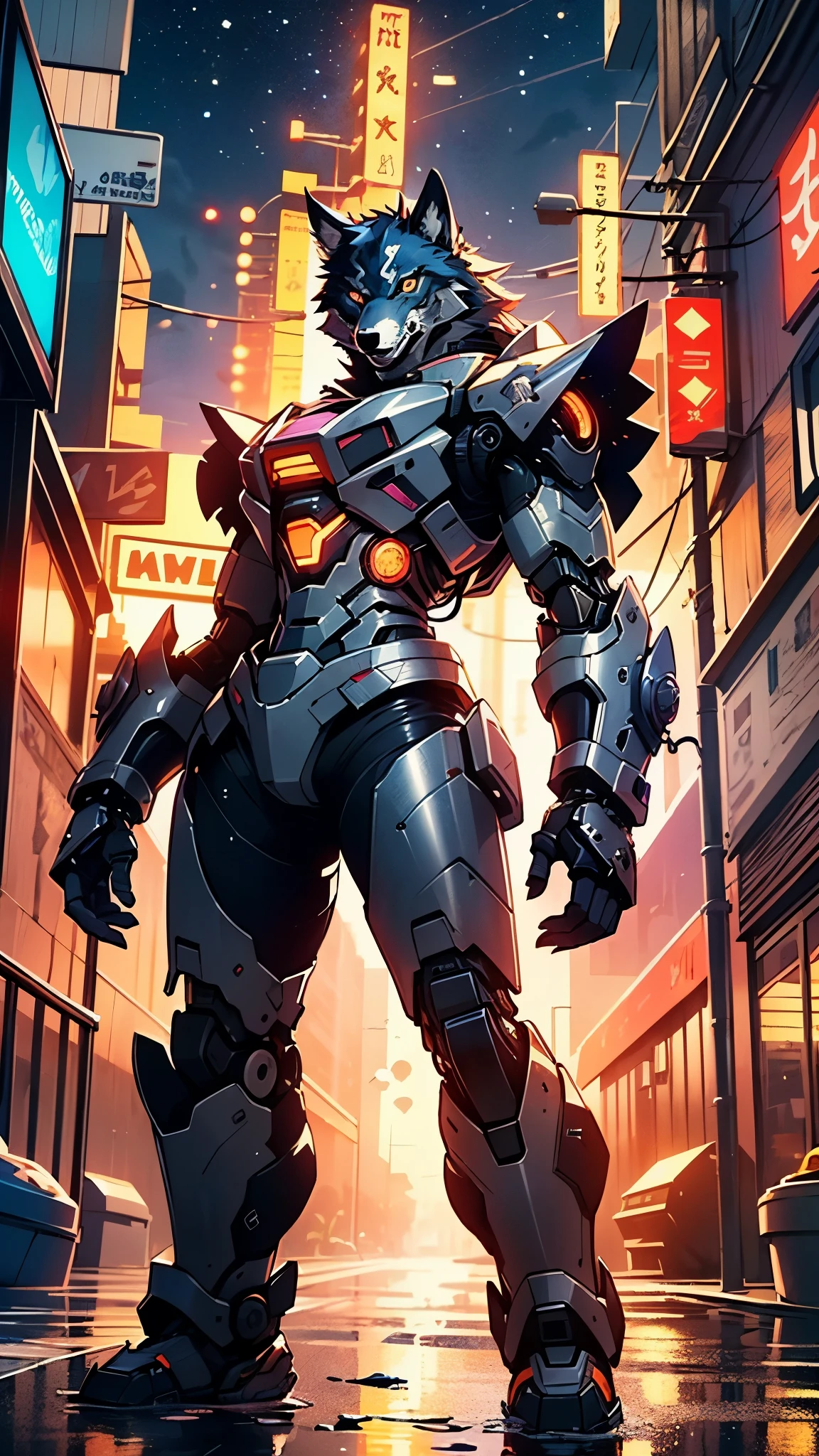 (((A mechanical wolf,cyborg wolf,cyborg-wolf,animal,wolf robot))),no human,detailed wolf,intricate mechanic wolf,robot animal,
epic, highly detailed full body of a gigantic feral mecha canine, sharp metal claws, cannon mounted on back, sleek armor, glowing visor, furry art, zoids art, furaffinity, sofurry,
(dynamic pose:1.0),solo focus,(centered,scale to fit dimensions,Rule of thirds),
cyberpunk city by the ocean at night, with bright neon signs and dark stormy clouds and puddles, scenery:1.25,nighttime, starry night, cosmos,Very dark night that makes the neon lights stand out, very bright neon lights,nighttime, starry night, cosmos,
highres, sharp focus, (ultra detailed, extremely detailed), (photorealistic artwork:1.37),(extremely detailed CG unity 8k wallpaper),((synthwave background theme)),(((vibrant colors))),(intricate background),(masterpiece),(best quality),
