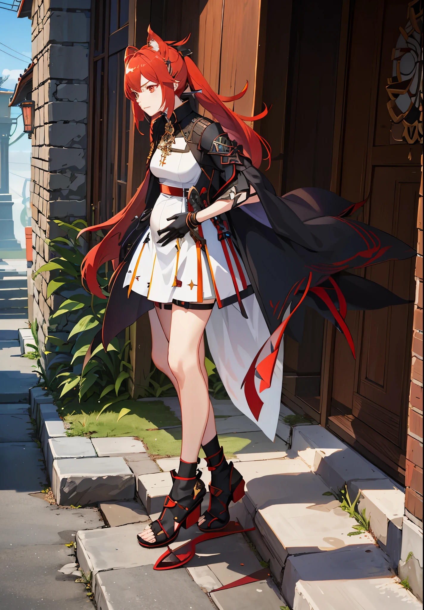a woman in a dress holding a dagger and a dagger, video game character, from arknights, fox nobushi holding a dagger, hajime yatate, keqing from genshin impact, red haired deity, with small sword, ayaka genshin impact, female action anime girl, official character art, anime character, pregnant anime girl, fetus, hurt