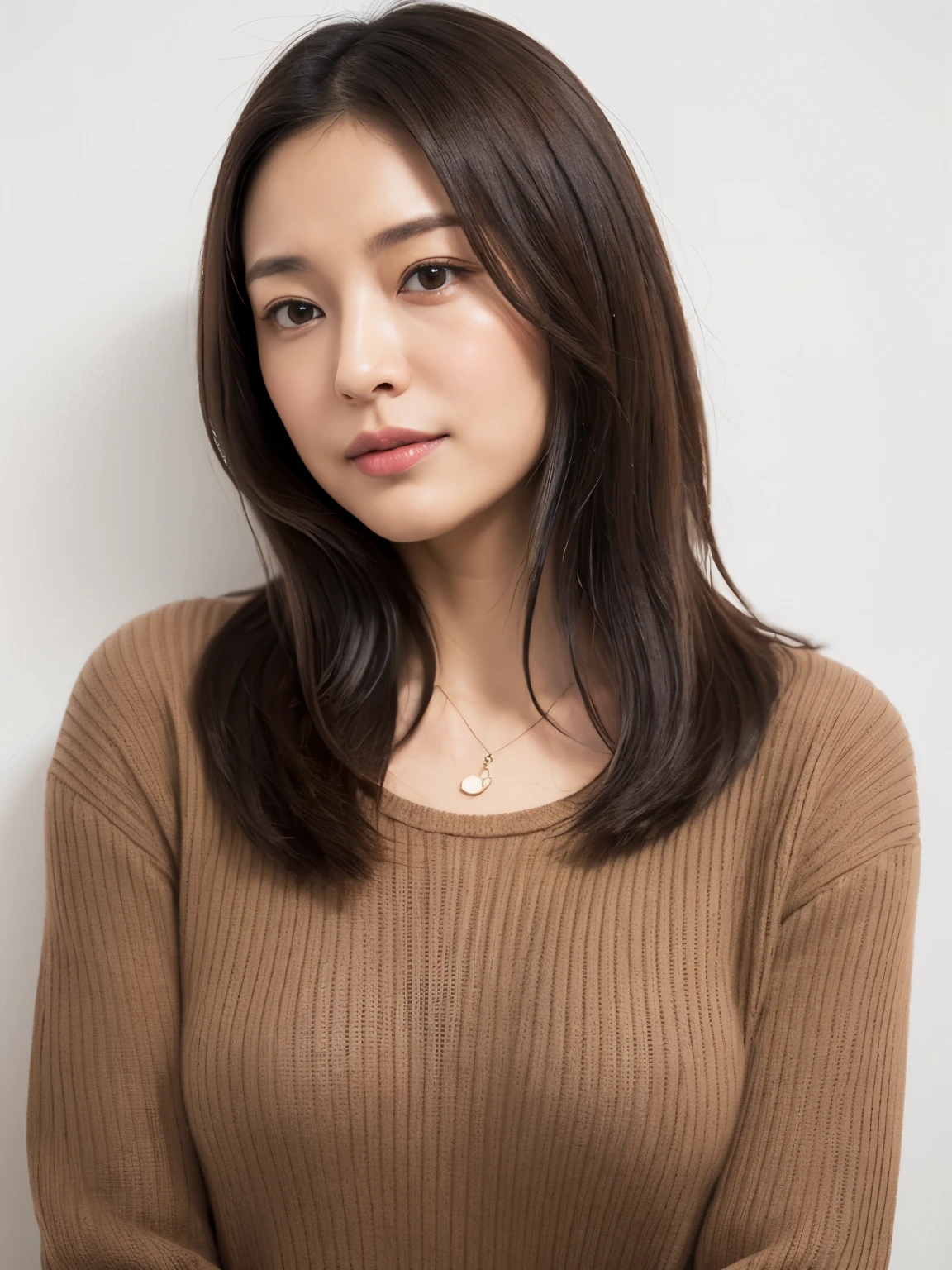 (Highly realistic photos, High resolution, detailed face, fine eyes), ((Taken in front of a white wall))、japanese woman, 40 years old, Variety of facial expressions, alone:1, slim figure, different hairstyles, casual clothes, Only one person appears in the photo、long sleeve dress、Shot in natural light、simple necklace、Spring clothes、Don't look at the camera、profile、Dark brown hair color、bob hair、hands are down