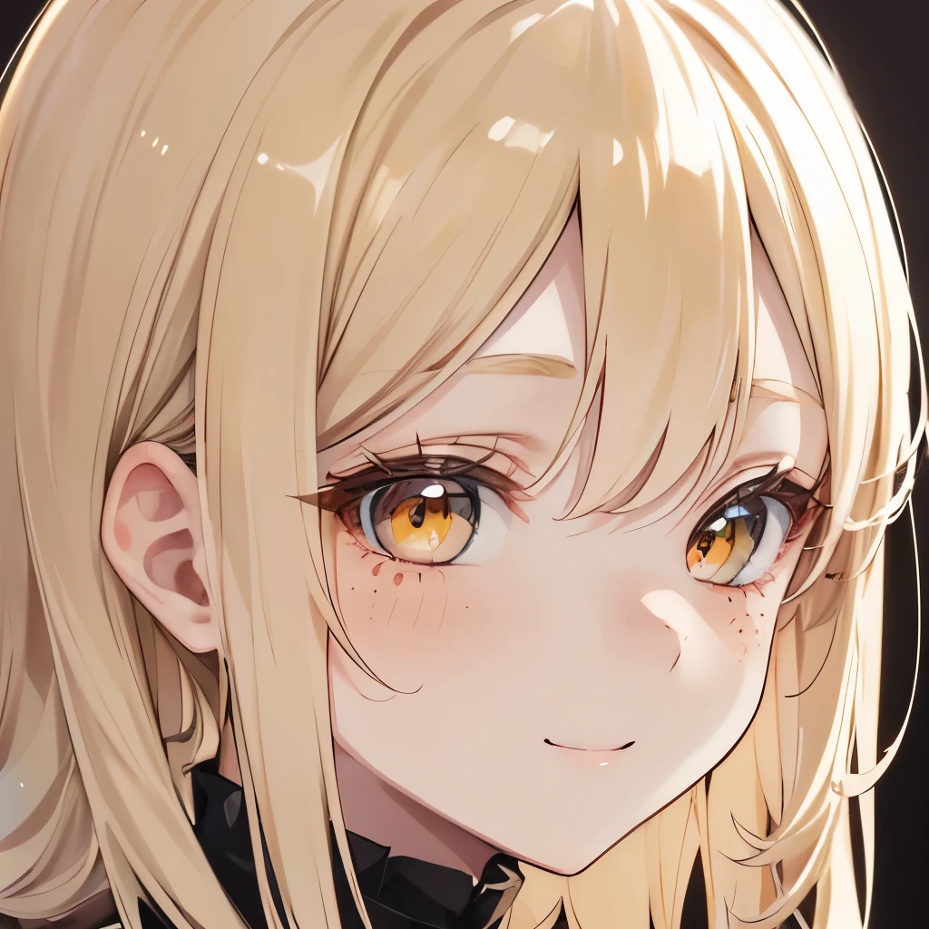 A girl, pretty face, face close up, pale blonde hair, hazel eyes, freckles, innocent, smiling, long hair, happy