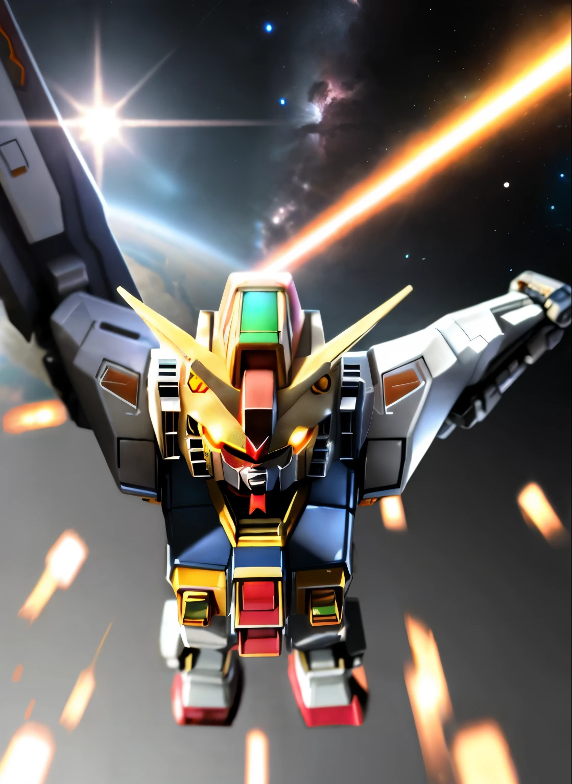 ((SF))、(masterpiece)、highest quality、Highly detailed CG Unity 8K wallpaper、((SD Gundam 1.2))、F91 logo mark、chibi character、facial details、Take on the enemy with a bazooka and saber、dance in the air、Flying through the sky like a comet、Surrounded by fin funnels、background earth、realistic outer space、robot、mechanic、docking core、Maximum output、continuous attack、beam radiation、Vesbar、Fully armed、rusty edges、shine of light、Lens flare、unreal engine、