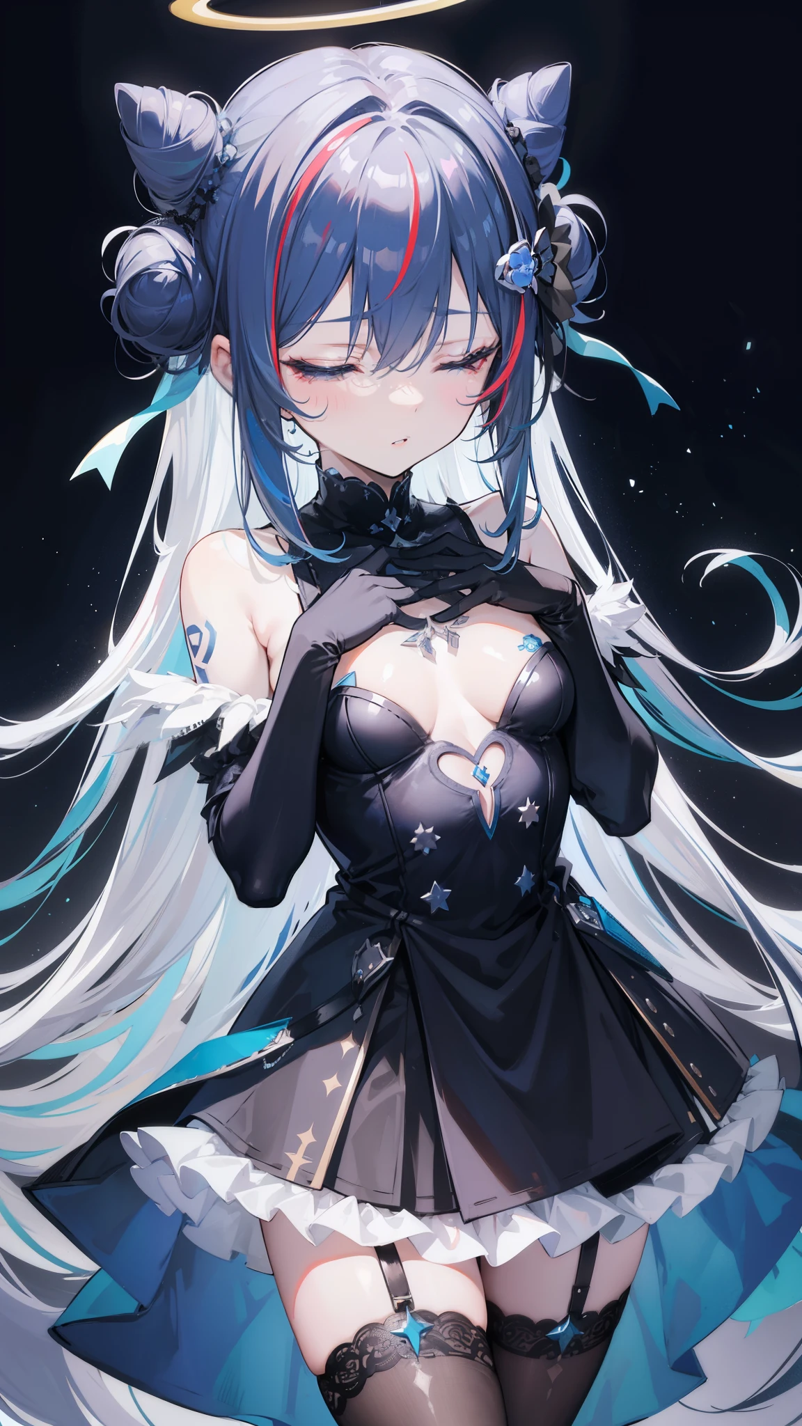 32k, 1girl, solo, long hair, breasts, bangs, hair ornament, thighhighs, gloves, dress, hair between eyes, bare shoulders, blue hair, closed eyes, flower, grey hair, multicolored hair, small breasts, frills, parted lips, black gloves, hair bun, black dress, streaked hair, tattoo, rose, halo, hand on own chest, single thighhigh, colored inner hair, blue thighhighs, official alternate hairstyle, official alternate hair length, star halo,