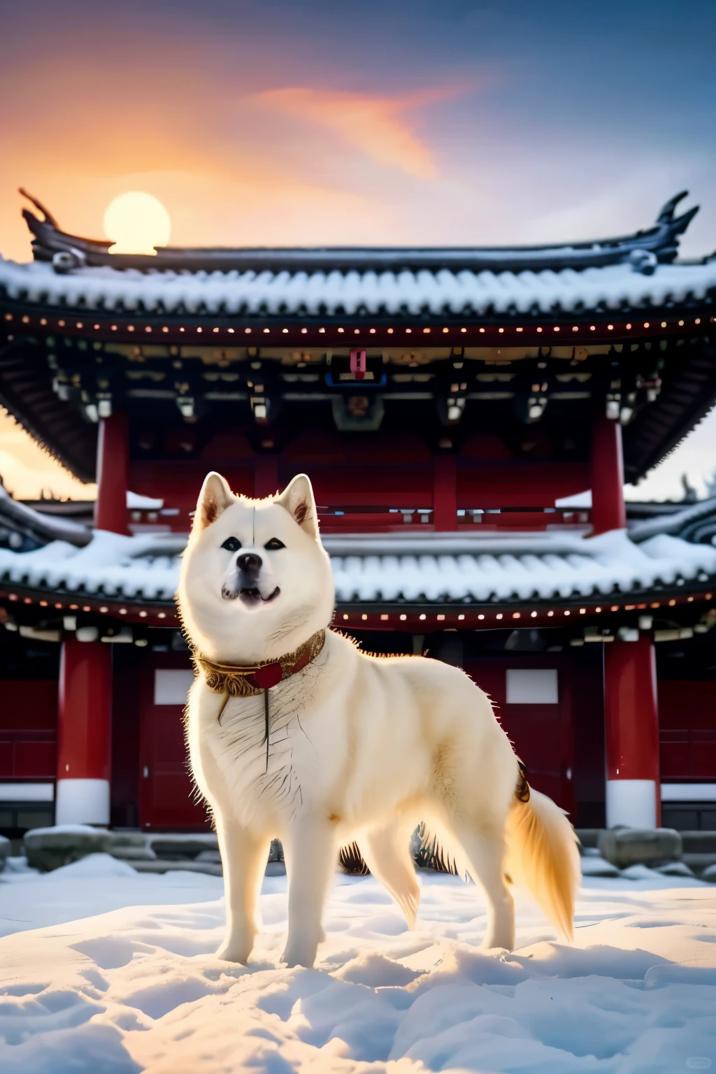 Craft an extraordinary AI illustration capturing a vivid scene from feudal Japan, blanketed in the serene tranquility of a winter landscape brought to life with unparalleled artistic detail. Standing prominently within this breathtaking tableau is Keira, a majestic White American Akita, radiating an aura of strength and nobility that defines her as the indisputable heroine of the scene.

The backdrop is a masterpiece of artistry, showcasing snow-capped mountains rising majestically against the horizon, their peaks veiled in wisps of ethereal mist. Ancient Japanese architecture, meticulously rendered with intricate brushstrokes, lends an air of timeless grandeur to the setting, evoking the rich cultural tapestry of the era.

Keira herself is a masterpiece of craftsmanship, her form sculpted with meticulous precision to capture every nuance of her regal bearing and dignified presence. Her fur is depicted in mesmerizing detail, each individual strand lovingly rendered to convey its texture and sheen under the soft glow of moonlight.

With a commanding presence that demands attention, Keira stands tall amidst the tranquil beauty of her surroundings, embodying the virtues of courage and loyalty that define her as a true hero. Whether she's depicted in a moment of quiet contemplation or poised for action, her unwavering resolve is palpable, inspiring awe and admiration in all who behold her.

As the viewer immerses themselves in this extraordinary artwork, they are transported to a world where artistry and imagination intertwine, inviting them to lose themselves in the timeless allure of feudal Japan captured in all its breathtaking splendor.