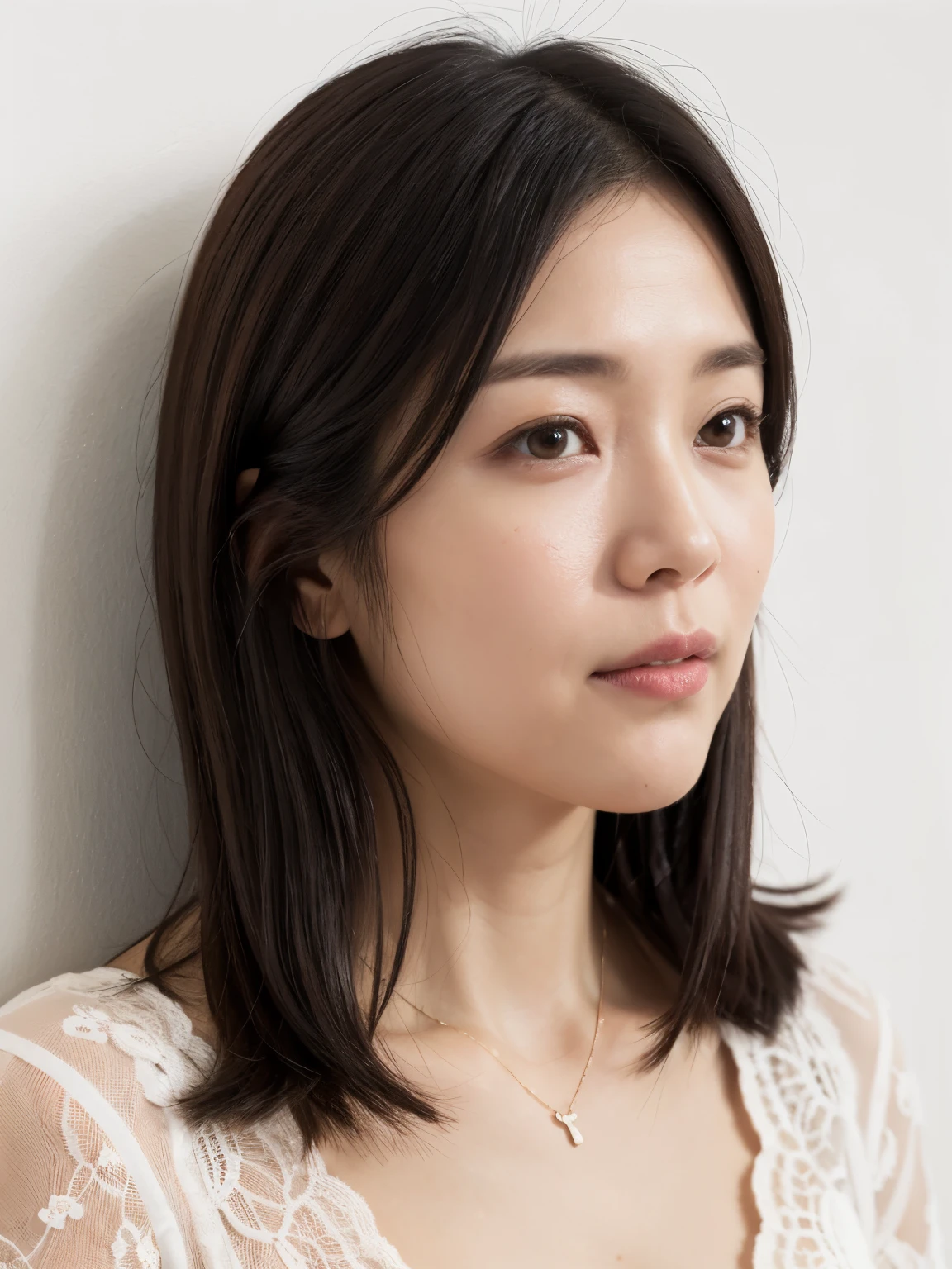 (Highly realistic photos, High resolution, detailed face, fine eyes), ((Taken in front of a white wall))、japanese woman, 40 years old, Variety of facial expressions, alone:1, slim figure, different hairstyles, casual clothes, Only one person appears in the photo、long sleeve dress、Shot in natural light、simple necklace、Spring clothes、Don't look at the camera、profile、Dark brown hair color、bob hair、hands are down
