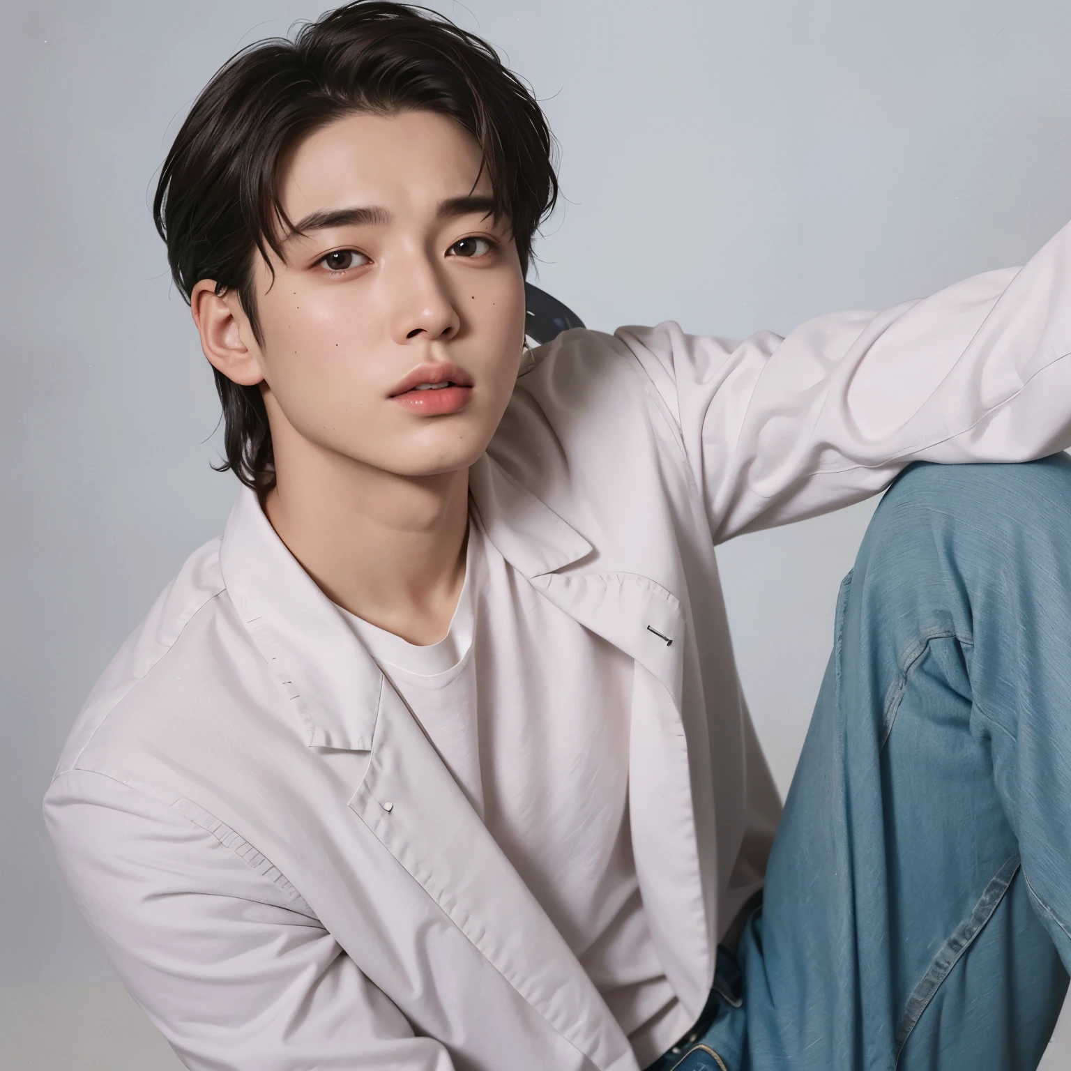 Hombre araffado con camisa blanca y jeans sentado en una silla., cai xukun, jungkook, hyung tae, Jinyoung Shin, Won Bin Lee, Jung Jaehyun, yanjun chengt, TaeJune Kim, hong junio hyung, young pale angel, sakimichan, sakimichan frank franzzeta, diez lee, inspirado en jeonseok lee
