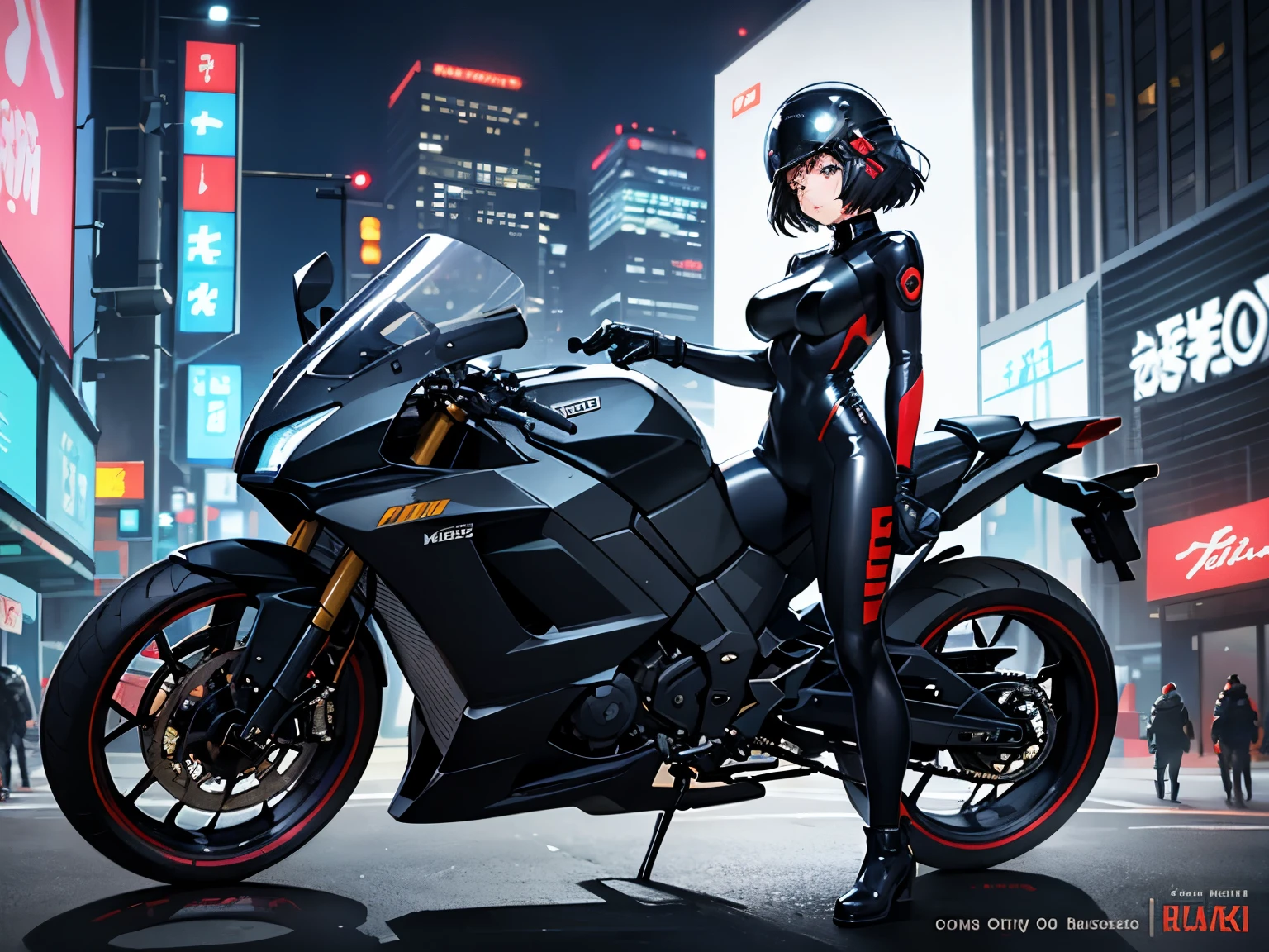 Best quality, 8k, Masterpiece, Hollywood movie style watercolor:1.3, (1 girl, very cute girl,) upper body, (half helmet with blak hair:1.3), embarrassed, tightsuit, full body suit, glossy, gloves, bigbreasts , 1girl,kusanagi motoko,koukaku, riding 1motorcycle,nightcity,neon,Cyberpunk world,