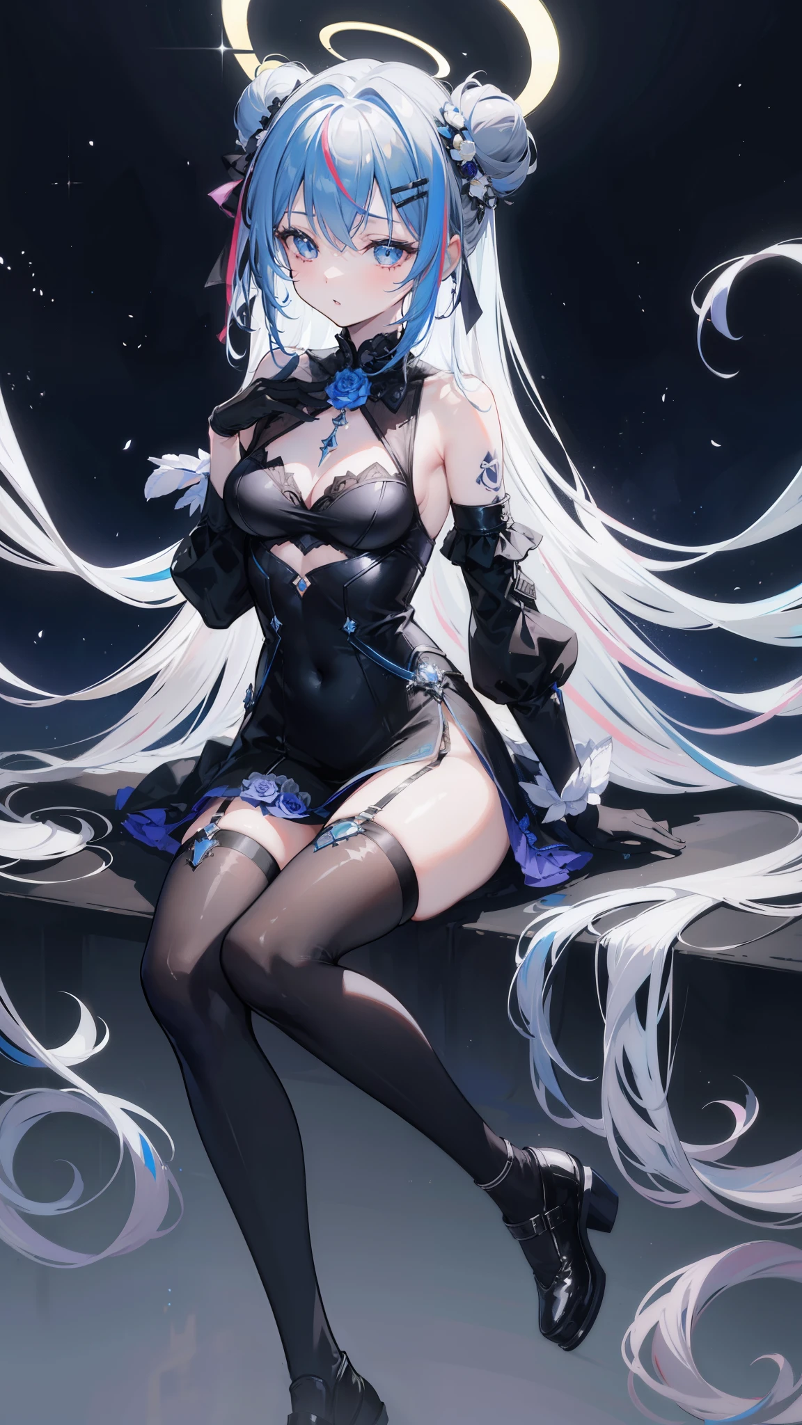 32k, 1girl, solo, long hair, breasts, bangs, hair ornament, thighhighs, gloves, dress, hair between eyes, bare shoulders, blue hair, closed eyes, flower, grey hair, multicolored hair, small breasts, frills, parted lips, black gloves, hair bun, black dress, streaked hair, tattoo, rose, halo, hand on own chest, single thighhigh, colored inner hair, blue thighhighs, official alternate hairstyle, official alternate hair length, star halo,