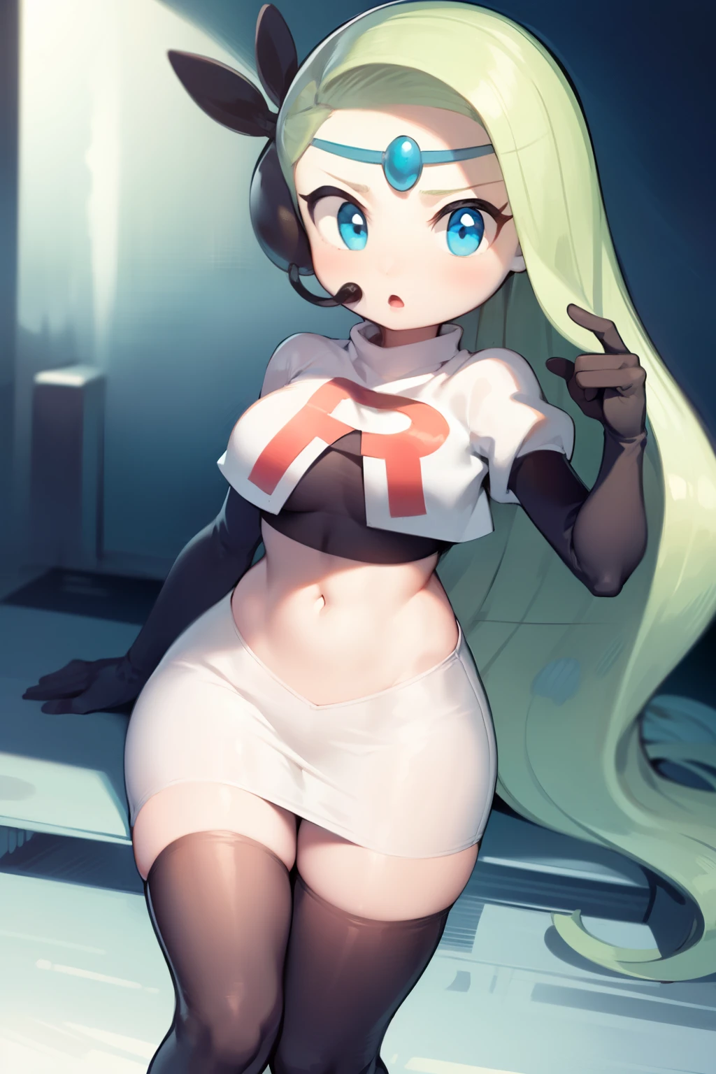 1girl, meloetta, pokemon \(creature\), mobface, blue eyes, team rocket,team rocket uniform,white skirt,red letter R,crop top,black thigh-highs,black elbow gloves