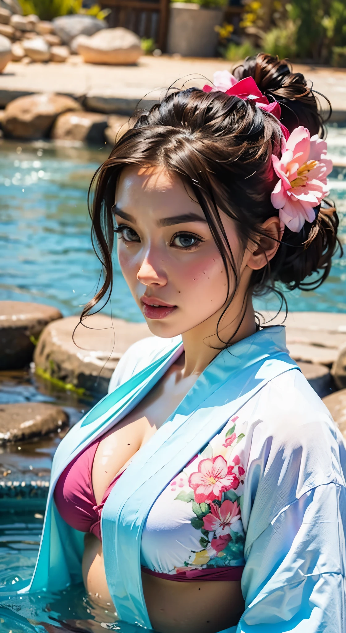 Pink kimono bikini hot springs