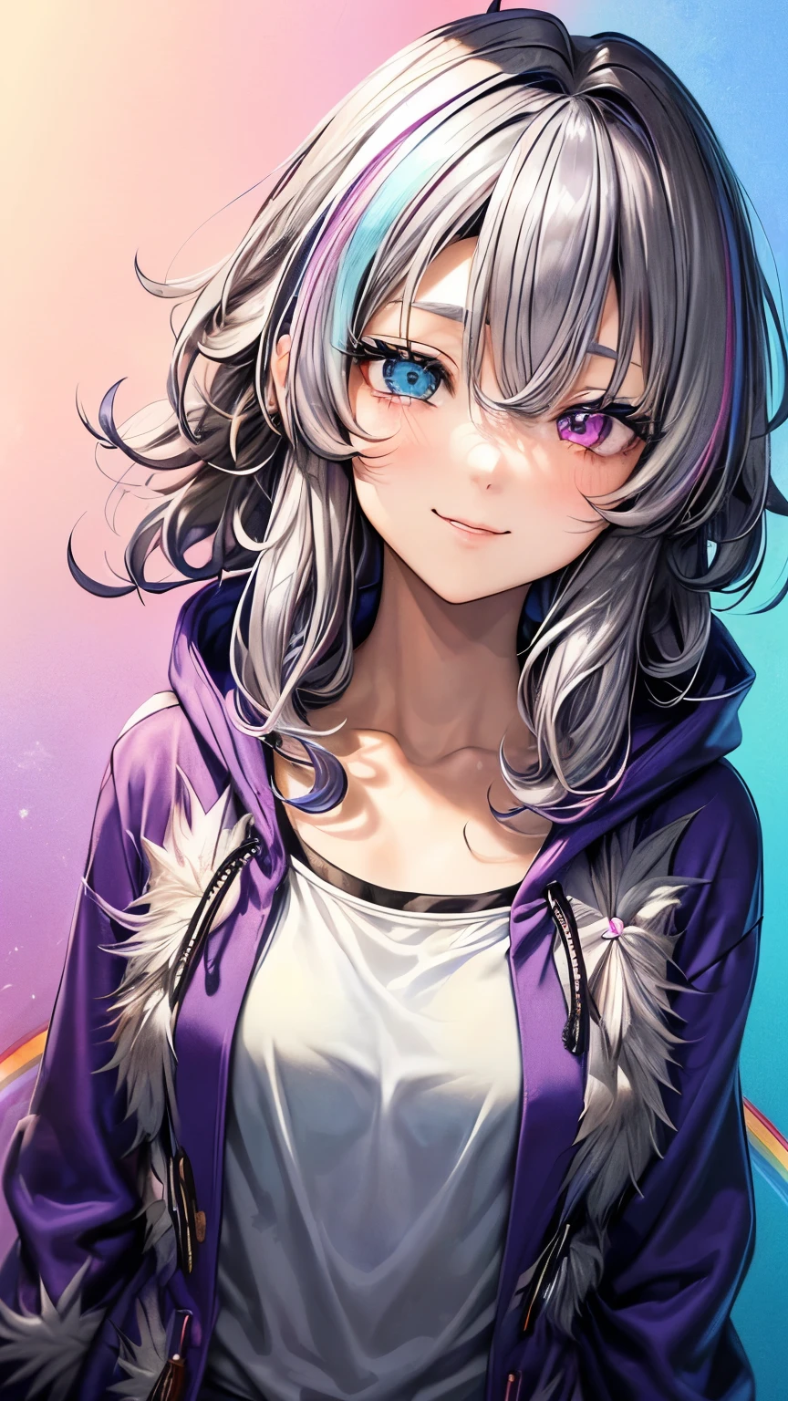 25 years old Japanese lady (( small breast, slender)), very short hair,((smooth curly hair)), (( rainbow colored )),(( so much shaggy forelock:1.4)), bluish purple shirt, wearing a blue hoodie((maple leaf patterns )), ((shiny heterochromia big droopy eyes)), eyelashes, passionate smile, tidy and easygoing atmosphere, ((face focus)), blush,closed eyes,