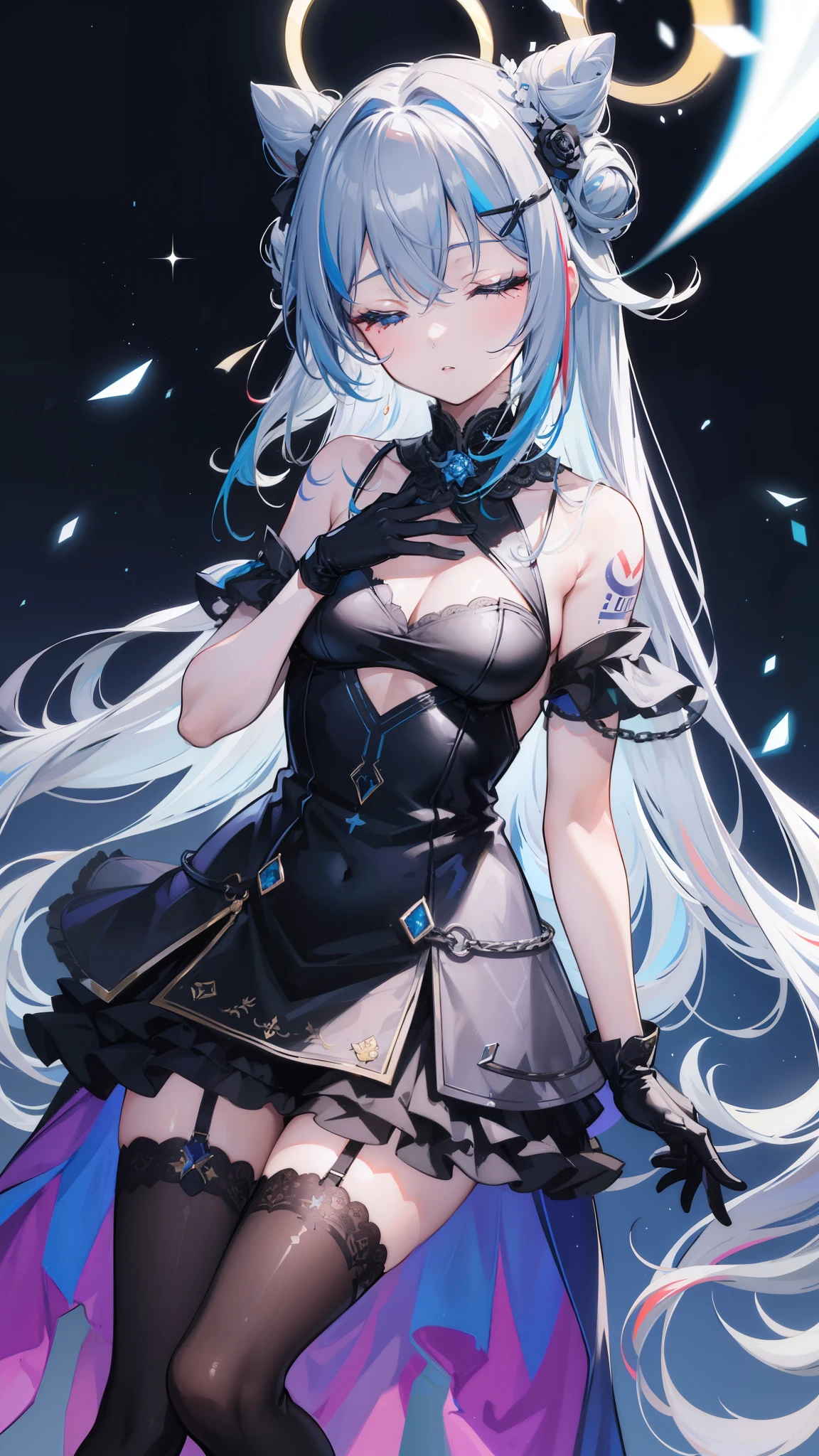 32k, 1girl, solo, long hair, breasts, bangs, hair ornament, thighhighs, gloves, dress, hair between eyes, bare shoulders, blue hair, closed eyes, flower, grey hair, multicolored hair, small breasts, frills, parted lips, black gloves, hair bun, black dress, streaked hair, tattoo, rose, halo, hand on own chest, single thighhigh, colored inner hair, blue thighhighs, official alternate hairstyle, official alternate hair length, star halo,