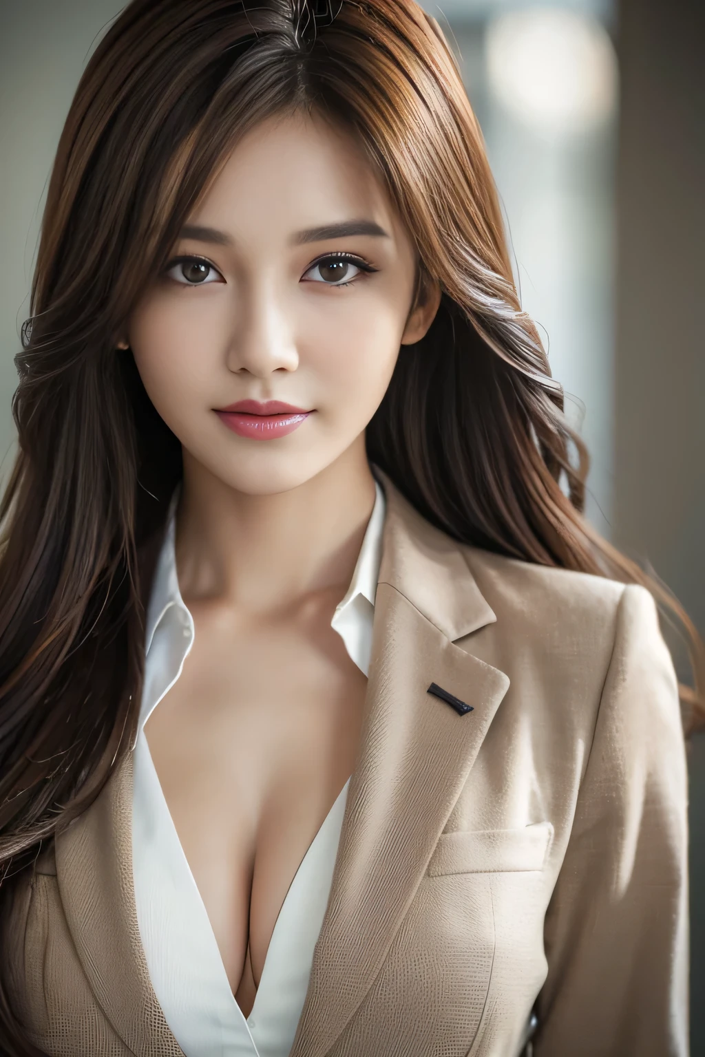 table top, highest quality, realistic, Super detailed, finely, High resolution, 8k wallpaper, 1 beautiful woman,, light brown messy hair, wearing a business suit, sharp focus, perfect dynamic composition, beautiful and detailed eyes, thin hair, Detailed realistic skin texture, smile, close-up portrait, model body shape
