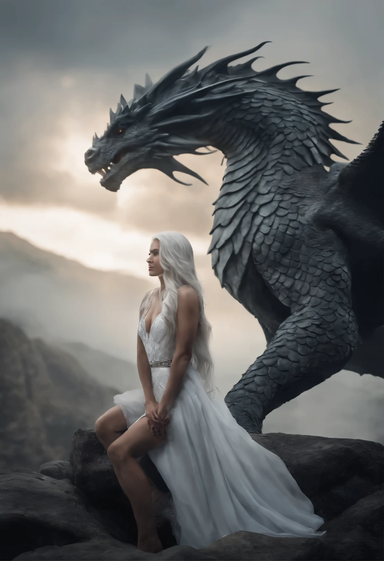 A beautiful woman, the epitome of a white empress, with long snowy white hair dancing in the air. She holds the head of a majestic black dragon, bending down as if seeking a touch of love. Their bond portrays a love so strong that even heaven cannot separate them.