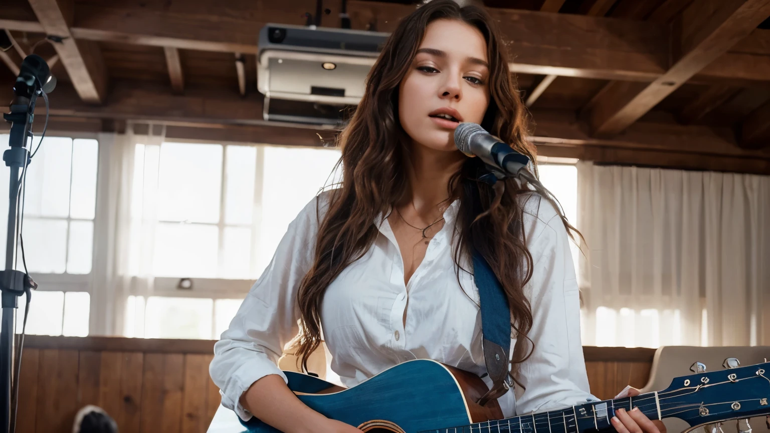A realistic image of a beautiful woman with long curly hair, white shirt, blue jeans, boots playing an acoustic guitar and singing with a microphone in front of her.
realistic detailed ultra hd 8k