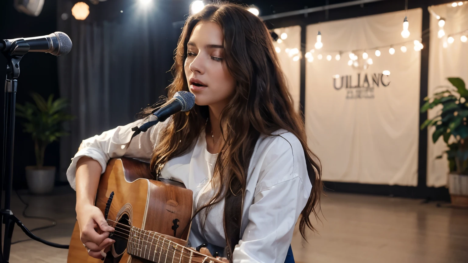A realistic image of a beautiful woman with long curly hair, white shirt, blue jeans, boots playing an acoustic guitar and singing with a microphone in front of her.
realistic detailed ultra hd 8k