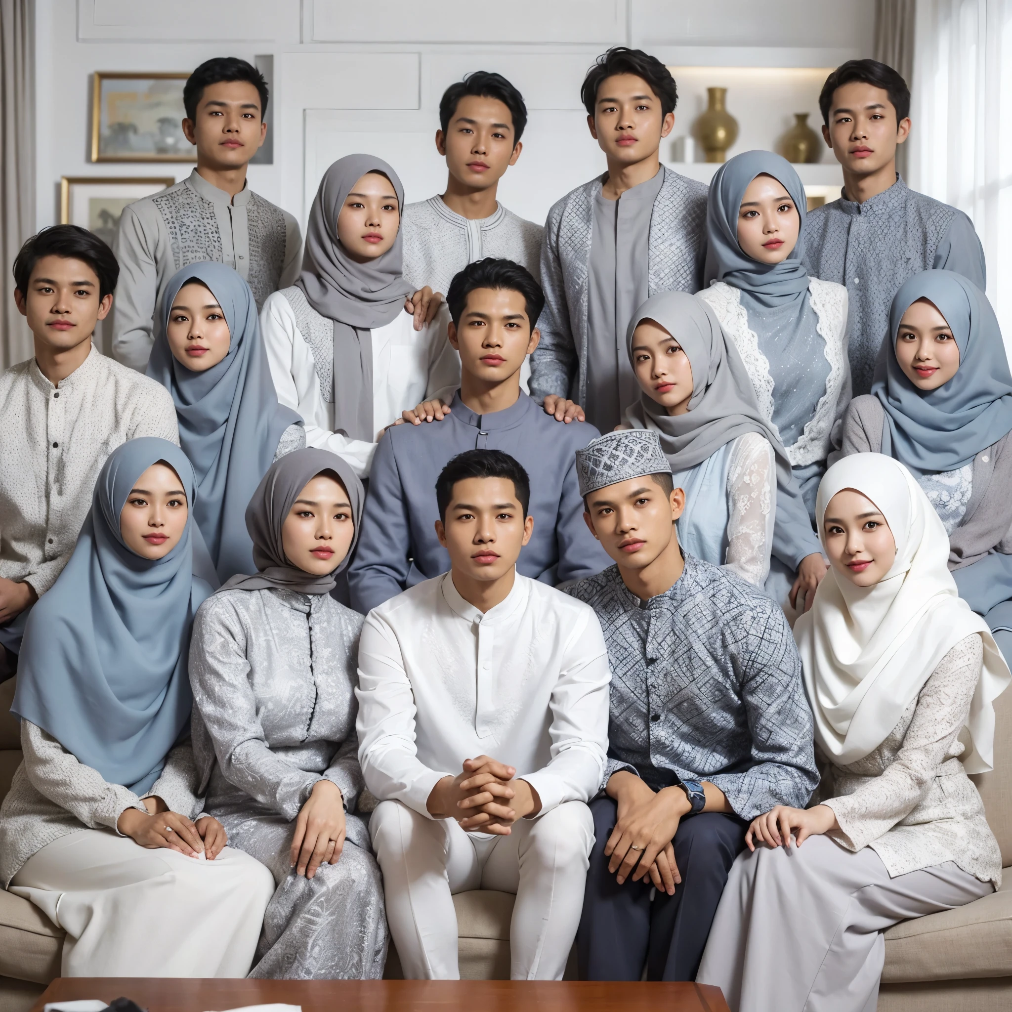 Create a friendly close up photo group style, 8 Indonesian MAN clean face, 8 WOMAN wearing a hijab. Totally 16 people. Those wearing white and new grey BATIK colour, pose sitting on the sofa, the studio has a luxury house background. details. fresh colors, blue lighting, realistik, 8k, HD.
