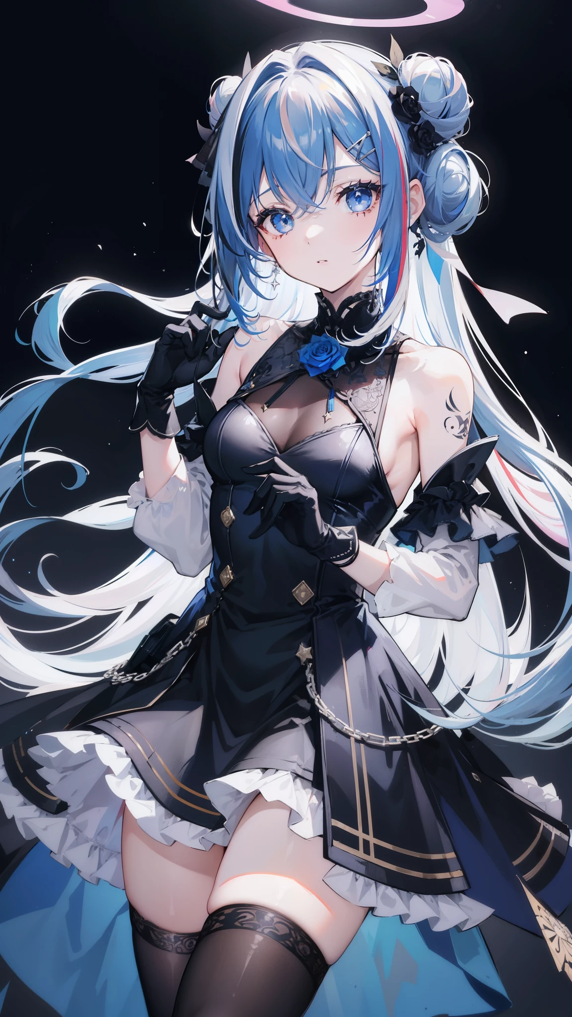 32k, 1girl, solo, long hair, breasts, bangs, hair ornament, thighhighs, gloves, dress, hair between eyes, bare shoulders, blue hair, flower, grey hair, multicolored hair, small breasts, frills, parted lips, black gloves, hair bun, black dress, streaked hair, tattoo, rose, halo, hand on own chest, single thighhigh, colored inner hair, blue thighhighs, official alternate hairstyle, official alternate hair length, star halo,