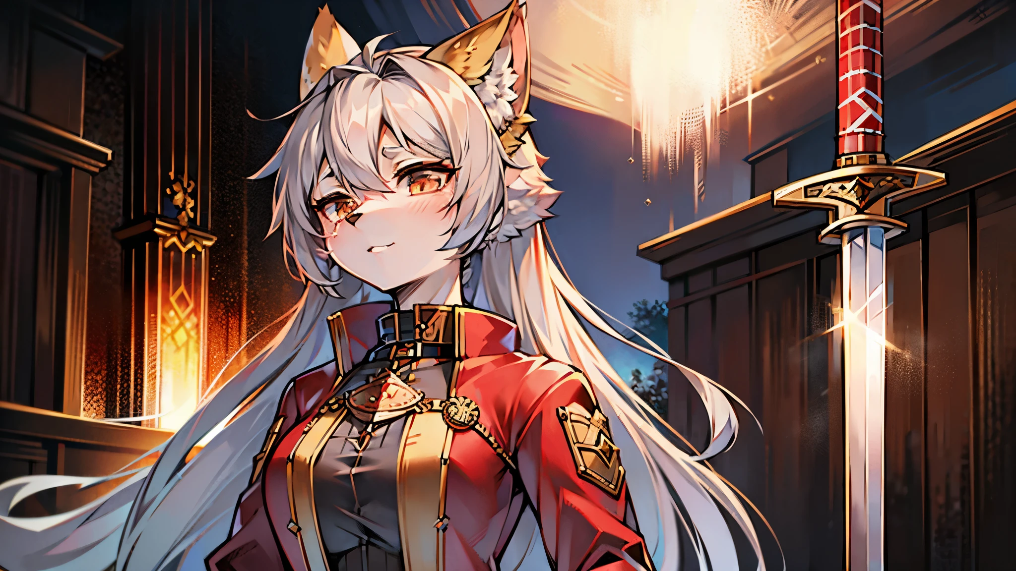 furry dog woman dog ears fluffy hair highest quality delicate beautiful 短いsword sword gray hair steampunk red coat 腰にsword Close-up on a person