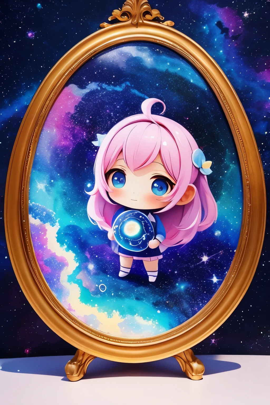 Chibi girl teaching cosmology、Galaxy painting on background
