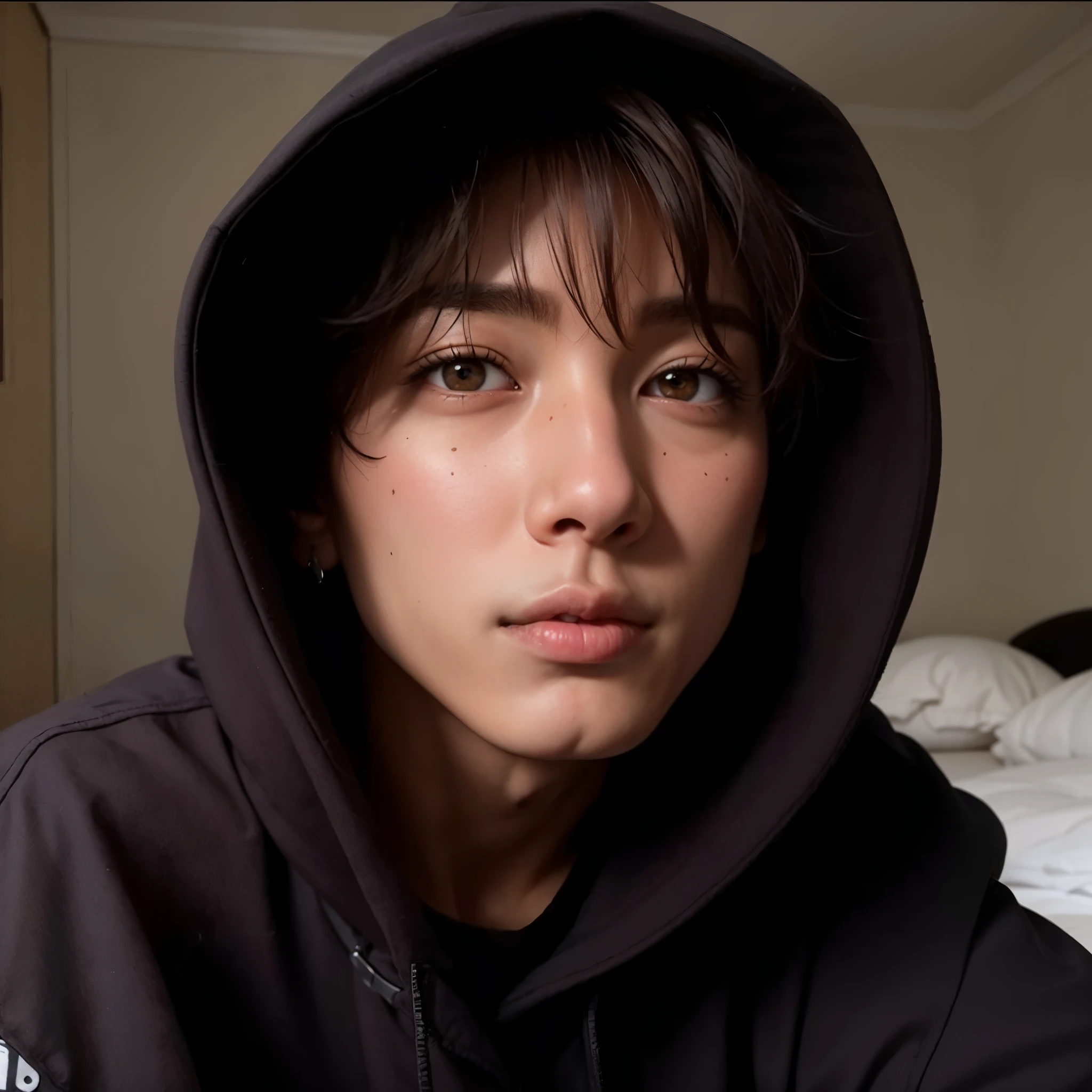 homem arafiado com capuz preto sentado em uma cama, Jungkook, pintar ulzzang, 1 Menino, rosto magro, hyung jungkook, Jeon jungkook, adorable and pale korean face, homem sul-coreano, Jeon jungkook bts aesthetic, taken at the beginning of 2020, inspirado jungkook, imagem de perfil. Fleshy lips/ androgynous prince.
