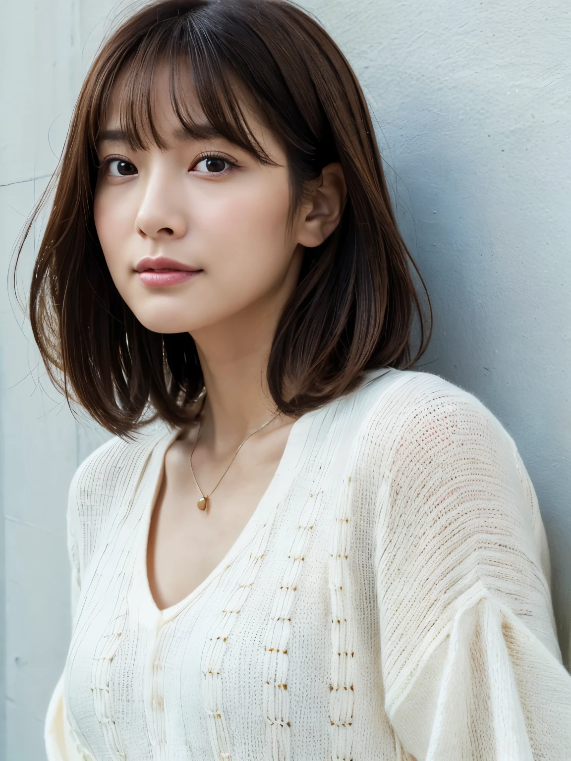 (Highly realistic photos, High resolution, detailed face, fine eyes), ((Taken in front of a white wall))、japanese woman, 40 years old, Variety of facial expressions, alone:1, slim figure, different hairstyles, casual clothes, Only one person appears in the photo、long sleeve dress、Shot in natural light、simple necklace、Spring clothes、Don't look at the camera、profile、Dark brown hair color、bob hair