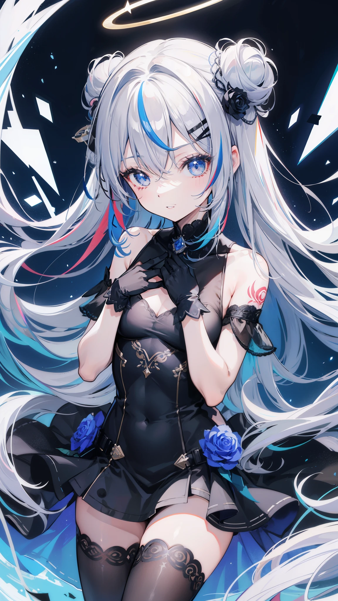 32k, 1girl, solo, long hair, breasts, bangs, hair ornament, thighhighs, gloves, dress, hair between eyes, bare shoulders, blue hair, flower, grey hair, multicolored hair, small breasts, frills, parted lips, black gloves, hair bun, black dress, streaked hair, tattoo, rose, halo, hand on own chest, single thighhigh, colored inner hair, blue thighhighs, official alternate hairstyle, official alternate hair length, star halo, smile, 