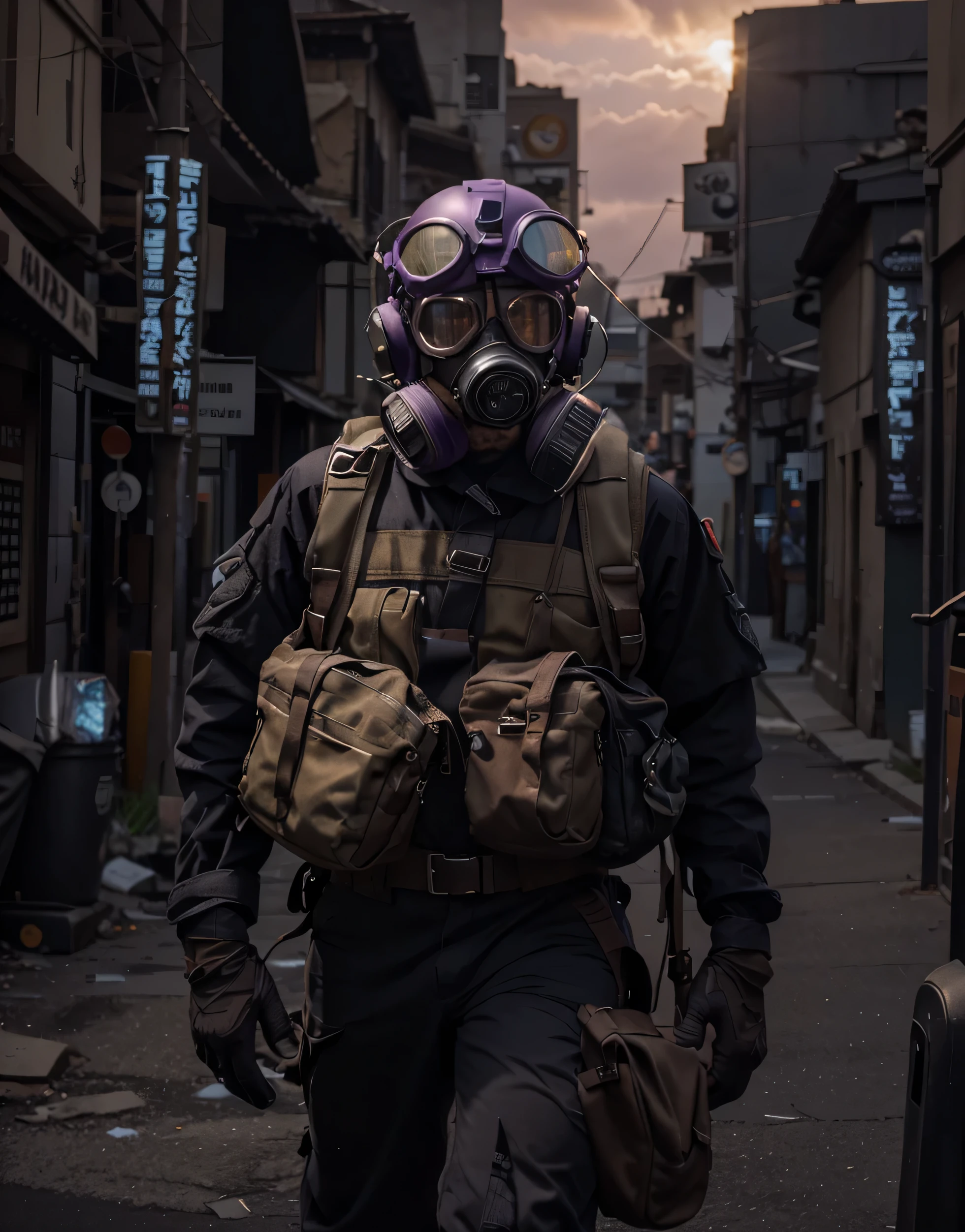 Soldado masculino, casco violeta moderno, with round visors with purple glass and tactical gas mask, mono gris claro, arneses y cinturones con municiones, and military bags with first aid kit, guantes de cuero ?????, botas militares negras, It's in a modern city, gloomy and totally destroyed., humo escarlata, purple sky, Gloomy sunset, post apocalyptic, 4k, ultra detallado image, Realista, muy detallado, perfect composition, gorgeous, Intrincadamente detallado, incredibly detailed, 8 k artistic photography, hiper detallado, trabajo magistral, ultra detallado, hyper Realista, 4k, ultra detallado image, Realista, muy detallado, perfect composition, hermoso, Intrincadamente detallado, incredibly detailed, 8 k artistic photography, hiper detallado, obra maestra