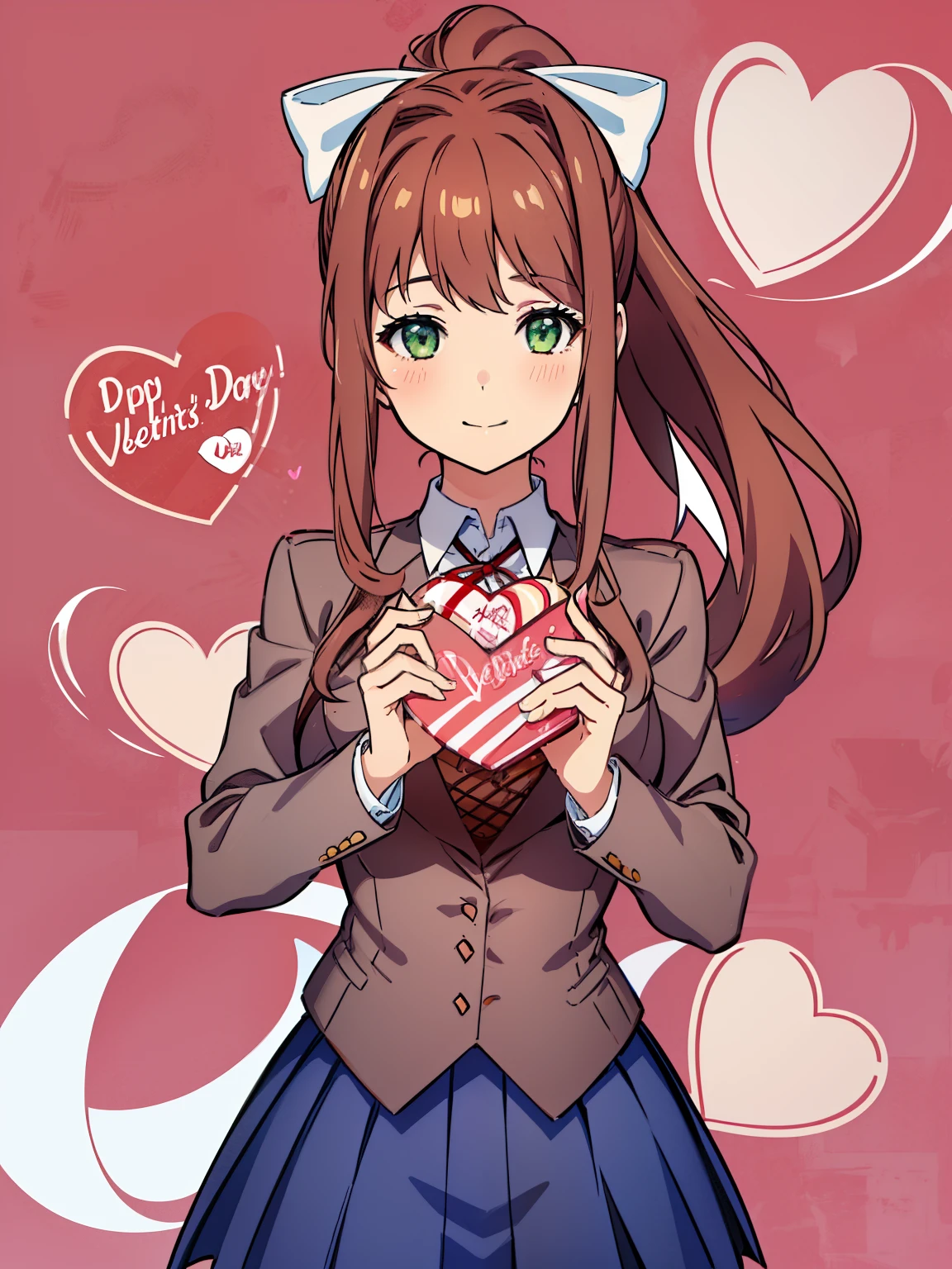 (masterpiece),(ultra-detailed), (high quality), (high resolution), (best quality:1.5, highres, UHD, 4K), smiling, highres, 4k Monika, Sayori, (2girls), bangs, very long hair, long hair, neck ribbon, looking at viewer, ponytail, shirt, school uniform, hair bow, white bow, pleated skirt, brown hair, grey jacket, sidelocks, solo, blush, blue skirt, skirt, 1girl, breasts, blazer, green eyes, looking at viewer, ((Valentine)), ((Valentines Day)), Valentines Chocolate, ((chocolates)), ((classroom background))