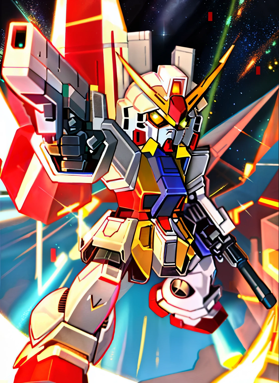 ((SF))、(masterpiece)、highest quality、Highly detailed CG Unity 8K wallpaper、((SD Gundam 1.2))、F91 logo mark、chibi character、facial details、Take on the enemy with a bazooka and saber、dance in the air、Flying through the sky like a comet、Surrounded by fin funnels、background earth、realistic outer space、robot、mechanic、docking core、Maximum output、continuous attack、beam radiation、Vesbar、Fully armed、rusty edges、shine of light、Lens flare、unreal engine、