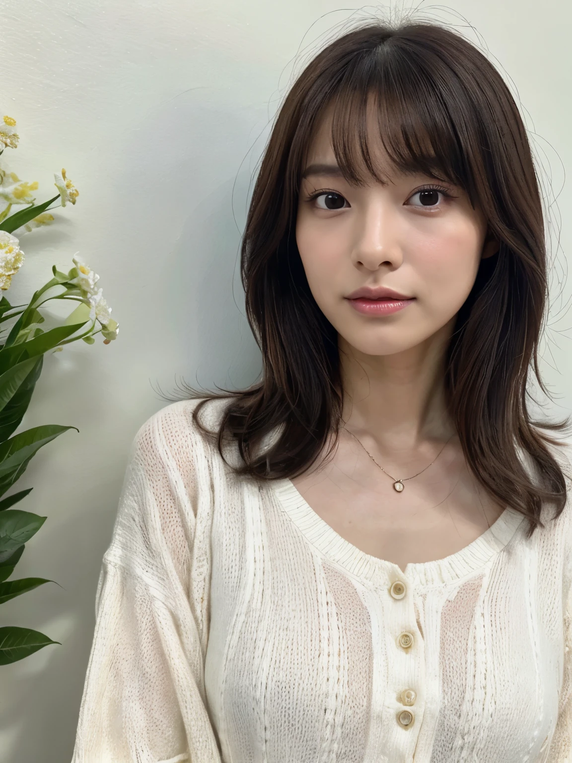 (Highly realistic photos, High resolution, detailed face, fine eyes), ((Taken in front of a white wall))、japanese woman, 40 years old, Variety of facial expressions, alone:1, slim figure, different hairstyles, casual clothes, Only one person appears in the photo、long sleeve dress、Shot in natural light、simple necklace、Spring clothes、Don't look at the camera、profile、Dark brown hair color、bob hair