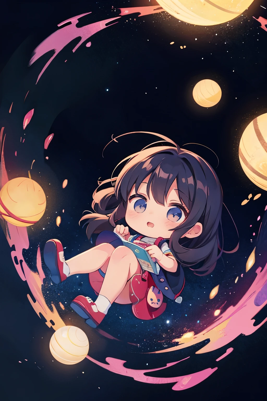 Chibi girl teaching cosmology、Galaxy painting on background