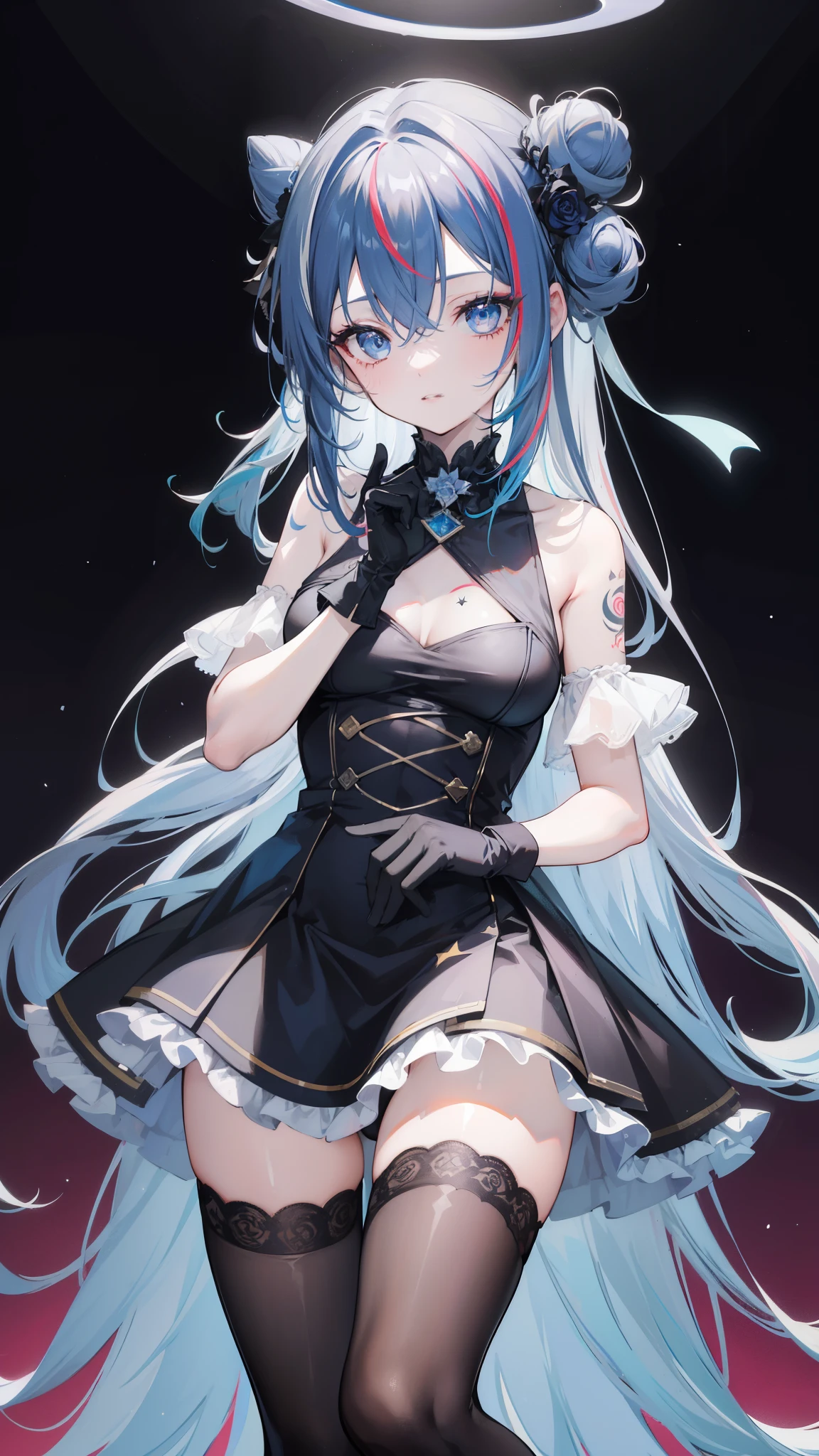 32k, 1girl, solo, long hair, breasts, bangs, hair ornament, thighhighs, gloves, dress, hair between eyes, bare shoulders, blue hair, flower, grey hair, multicolored hair, small breasts, frills, parted lips, black gloves, hair bun, black dress, streaked hair, tattoo, rose, halo, hand on own chest, single thighhigh, colored inner hair, blue thighhighs, official alternate hairstyle, official alternate hair length, star halo, smile, 