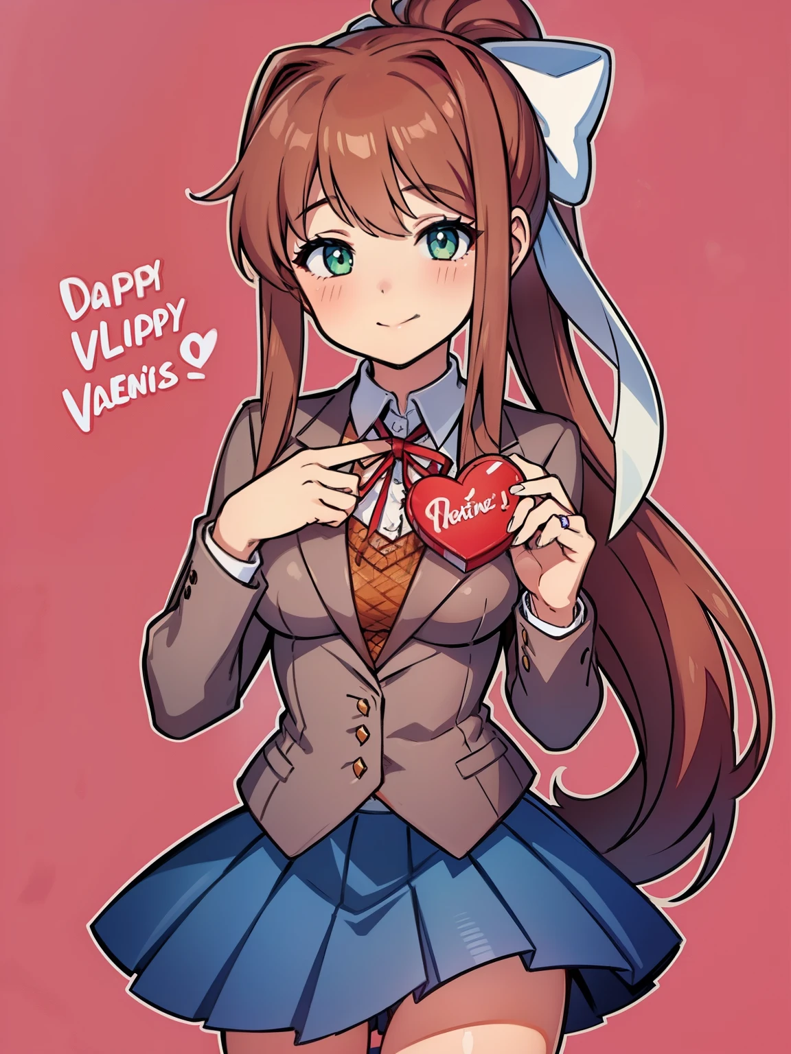 (masterpiece),(ultra-detailed), (high quality), (high resolution), (best quality:1.5, highres, UHD, 4K), smiling, highres, 4k Monika, Sayori, (2girls), bangs, very long hair, long hair, neck ribbon, looking at viewer, ponytail, shirt, school uniform, hair bow, white bow, pleated skirt, brown hair, grey jacket, sidelocks, solo, blush, blue skirt, skirt, 1girl, breasts, blazer, green eyes, looking at viewer, ((Valentine)), ((Valentines Day)), Valentines Chocolate, ((chocolates)), classroom background