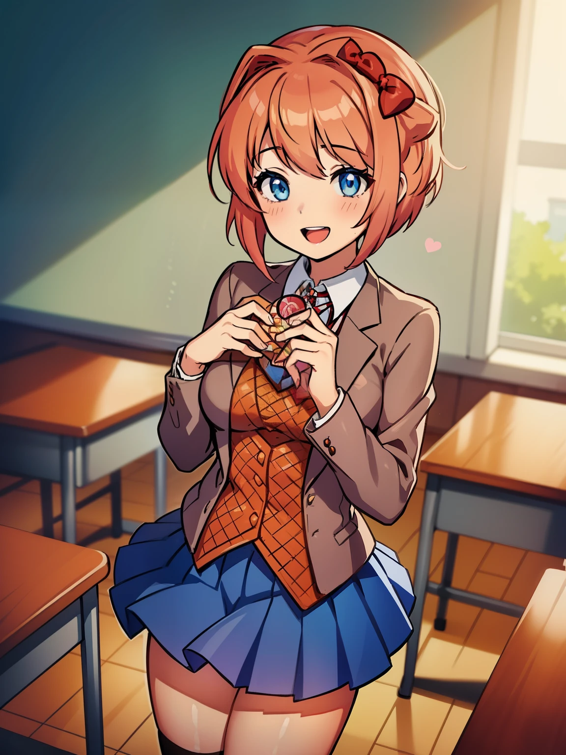 smiling, highres, 4k, Sayori, (2d, masterpiece, best quality, anime, highly detailed, cowboy shot, 1girl, solo, sayori, blue eyes, pink hair, short hair, hair bow, red bow, school uniform, blazer, brown sweater, collared shirt, neck ribbon, blue skirt, standing, clenched hands, :d, classroom looking at viewer, ((Valentine)), ((Valentines Day)), Valentines Chocolate, ((chocolates))