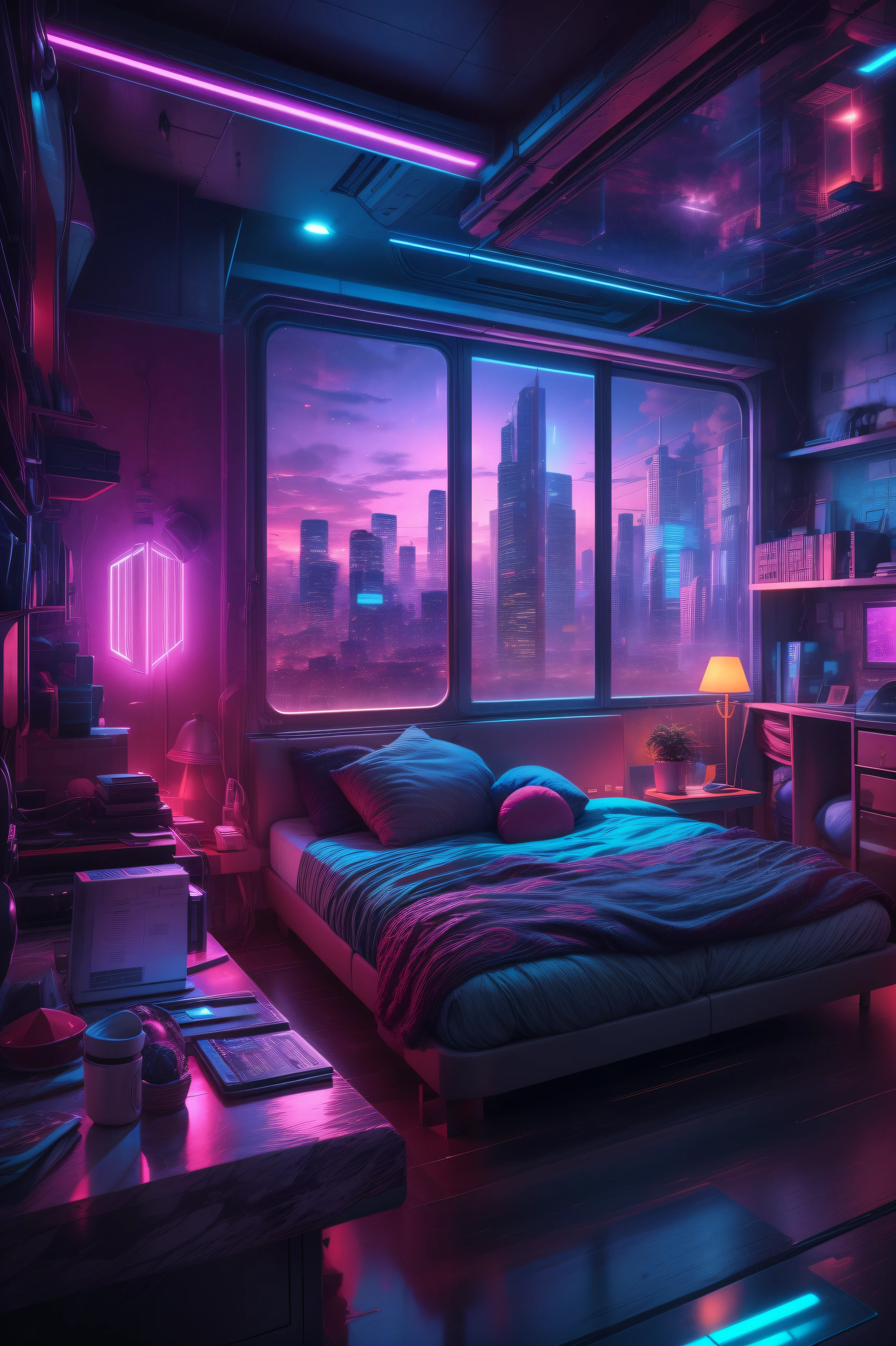 ((masterpiece)), (ultra-detailed), (intricate details), (high resolution CGI artwork 8k), Create an image of a retro futuristic cyberpunk bedroom. One of the walls should feature a big window with a busy, colorful, and detailed cyberpunk cityscape. Futuristic style with lots of colors and LED lights. The cityscape should be extremely detailed with depth of field. Utilize atmospheric lighting to create depth and evoke the feel of a busy futuristic city outside the window. Pay close attention to face details like intricate, hires eyes and bedroom accents. Camera: wide shot showing the room and the window. The window should be the focal point of the image. Lighting: use atmospheric and volumetric lighting to enhance the cityscape details. The room should be illuminated by the neon lights from the cityscape.