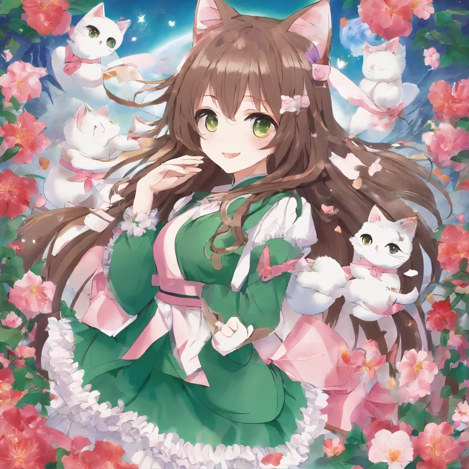masterpiece、最high quality、最high quality、wizard's green clothes、brown hair cat ears girl、Charming Smile、Birthday Party、celebration、Storm of Hearts、valentine's day、fantasy、high quality、high resolution、Professional Artist
